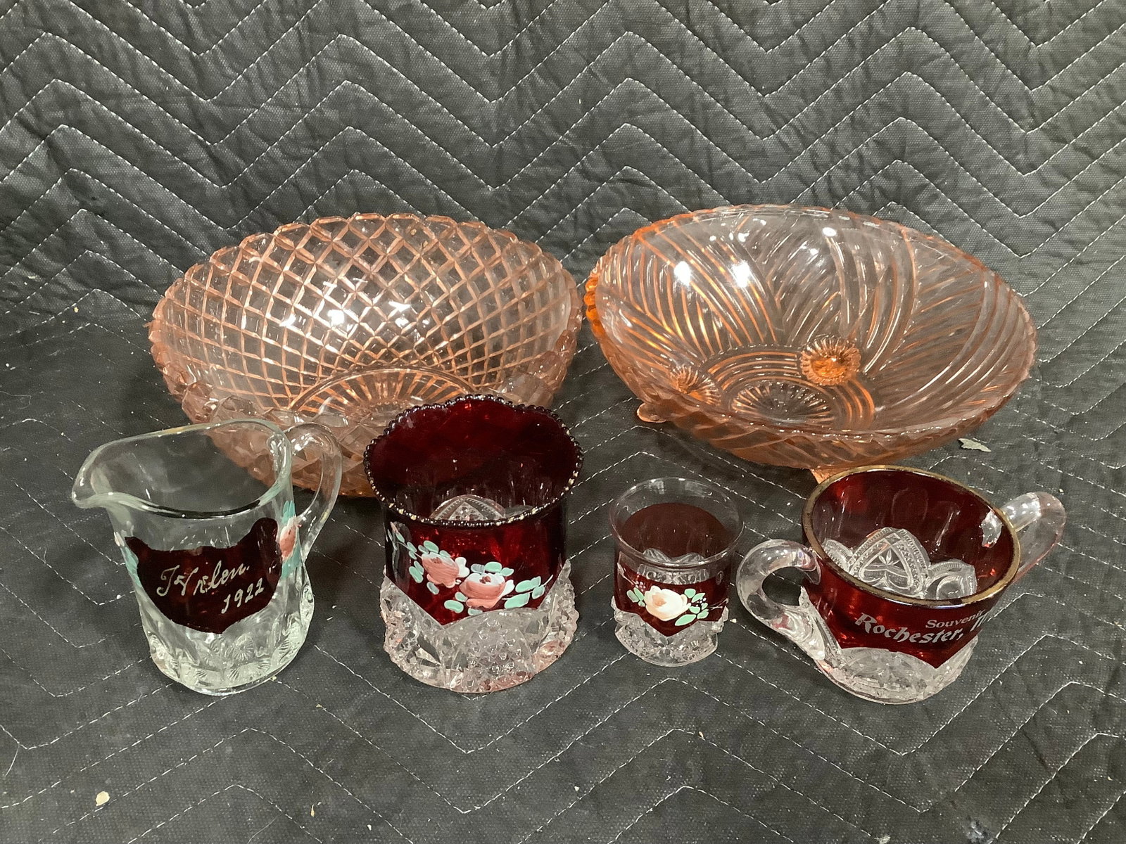 Anchor Hocking pink glass depression glass bowls and drinking glasses/pitcher(talest 4.5in) (1 of 1)