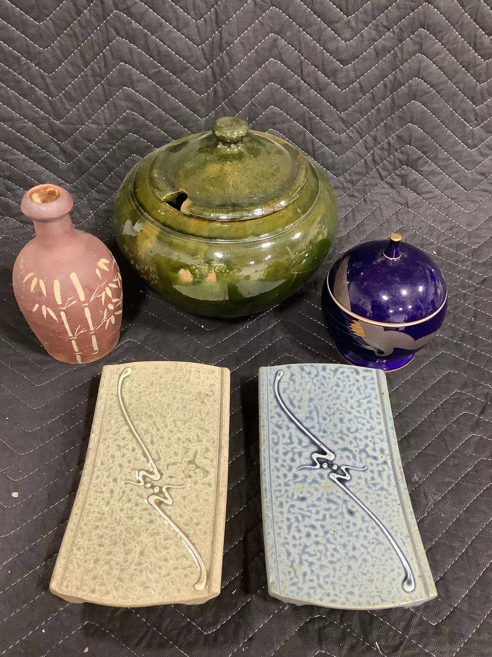 Chinese green glazed lidded jar, cobalt blue lidded candy pot, and more(tallest 8.5in) (1 of 1)