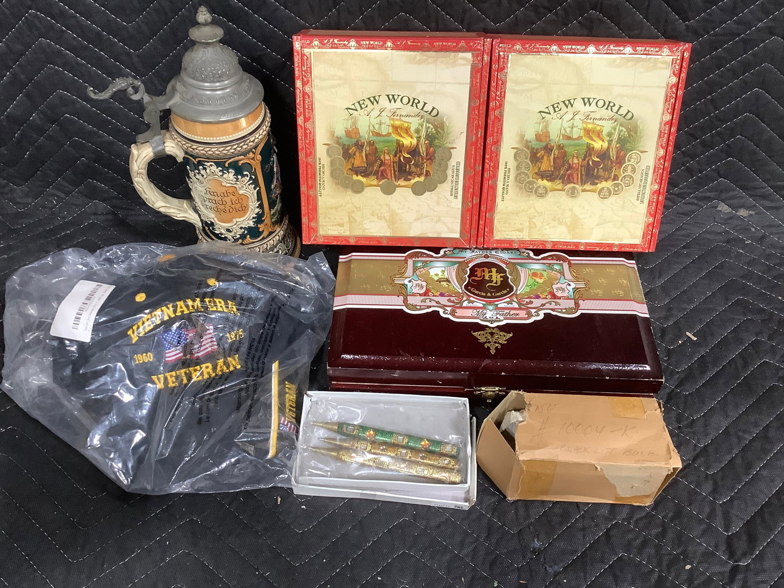 Vintage cigar boxes, german stein, Vietnam Era veteran hat, and more: Vintage cigar boxes, german stein, Vietnam Era veteran hat, and more