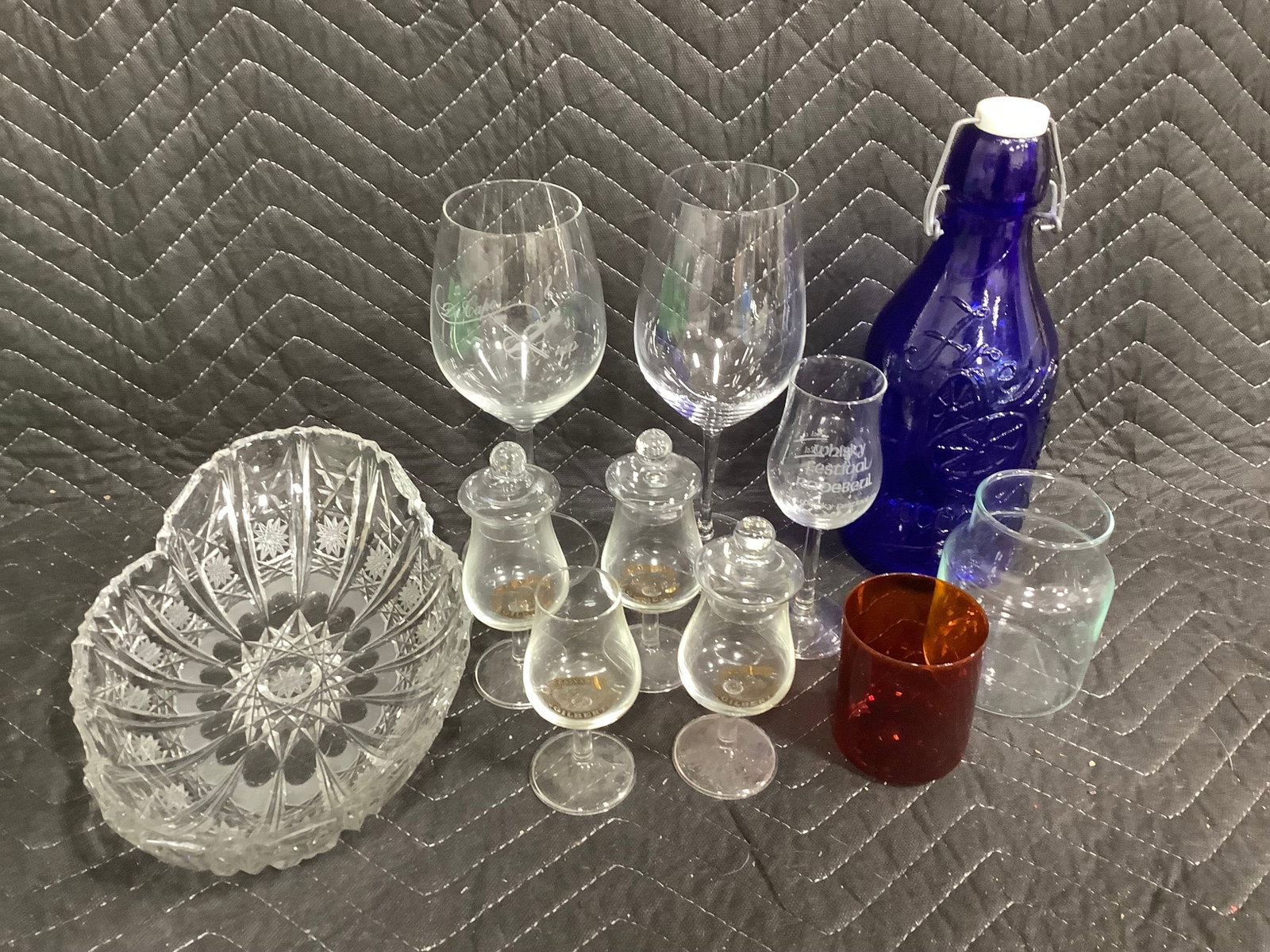 Vintage cobalt blue glass bottle(10.5in tall),crystal dish, drinking glasses, and more': Vintage cobalt blue glass bottle(10.5in tall),crystal dish, drinking glasses, and more'