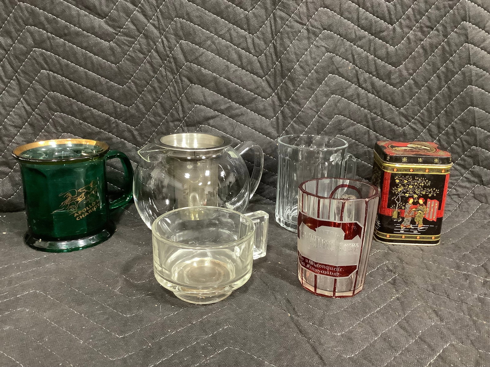 Clear glass teapot with infuser(4.5in tall), metal storage tin, and more (1 of 1)