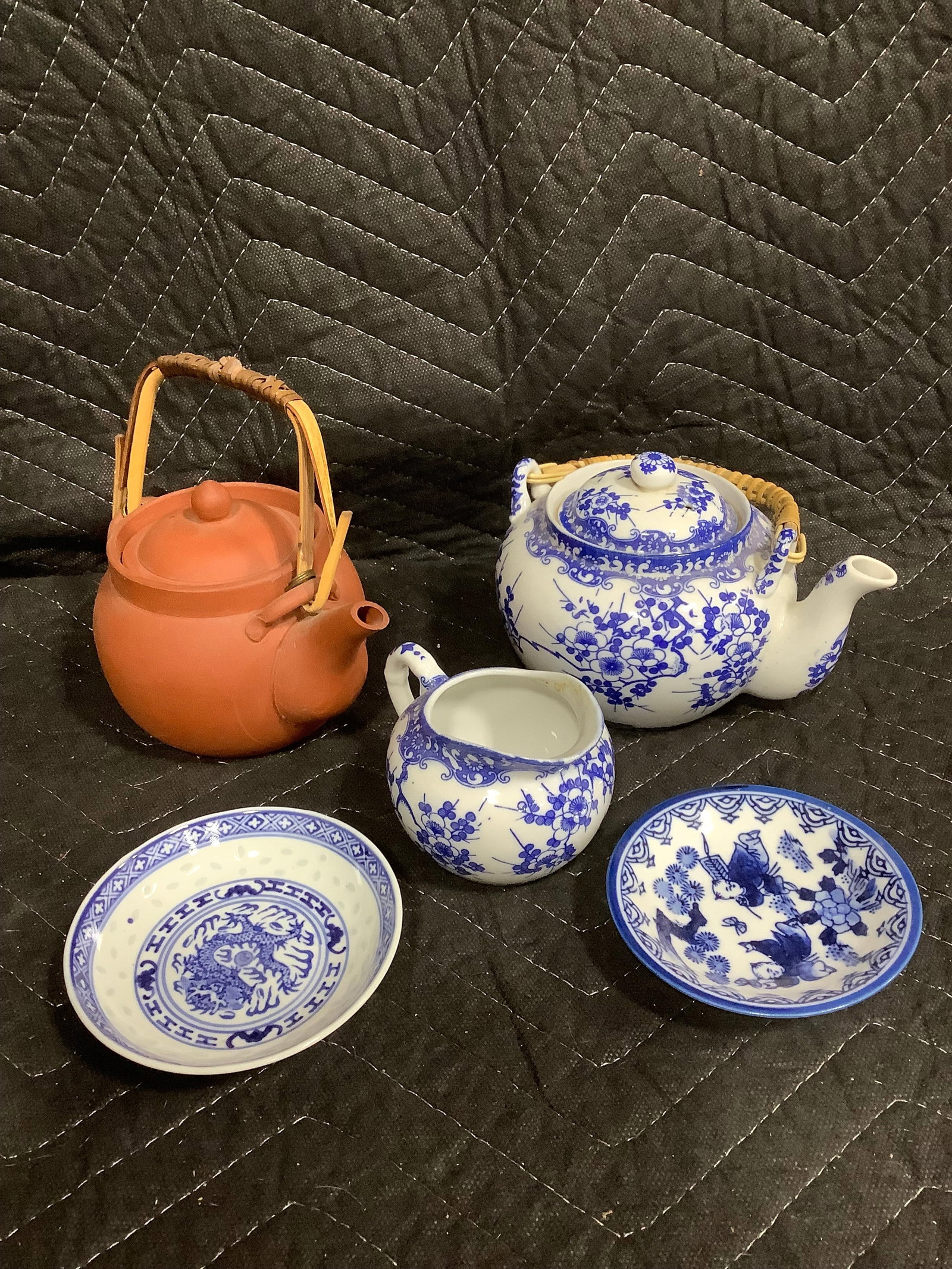Vintage fondue set stand, decorative mosaic plate(12in across),lidded orange glass container, and: Vintage fondue set stand, decorative mosaic plate(12in across),lidded orange glass container, and more