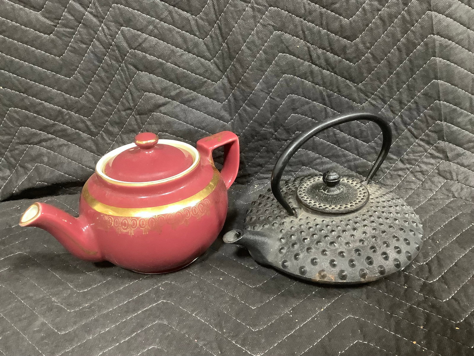 Hobnail cast iron teapot and Hall teapot: Hobnail cast iron teapot and Hall teapot