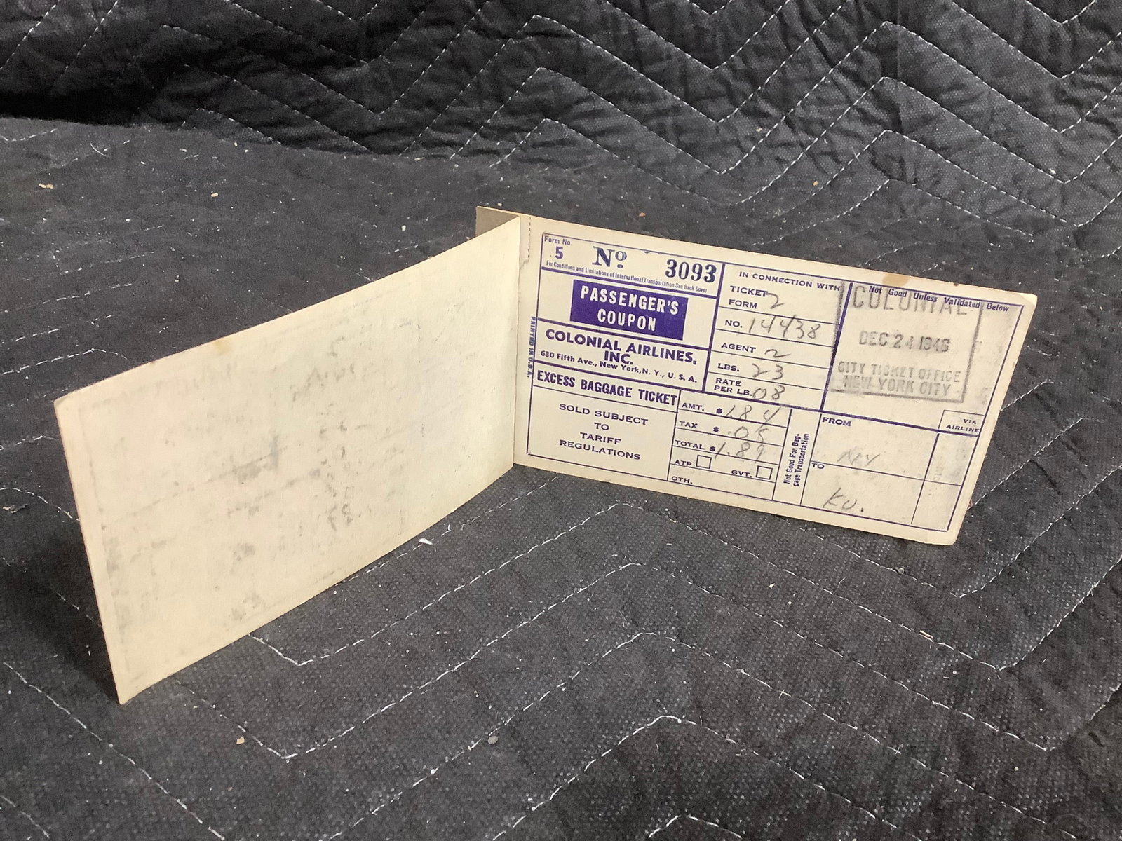 Vintage Colonial Airlines Excess Baggage Check Ticket: Vintage Colonial Airlines Excess Baggage Check Ticket