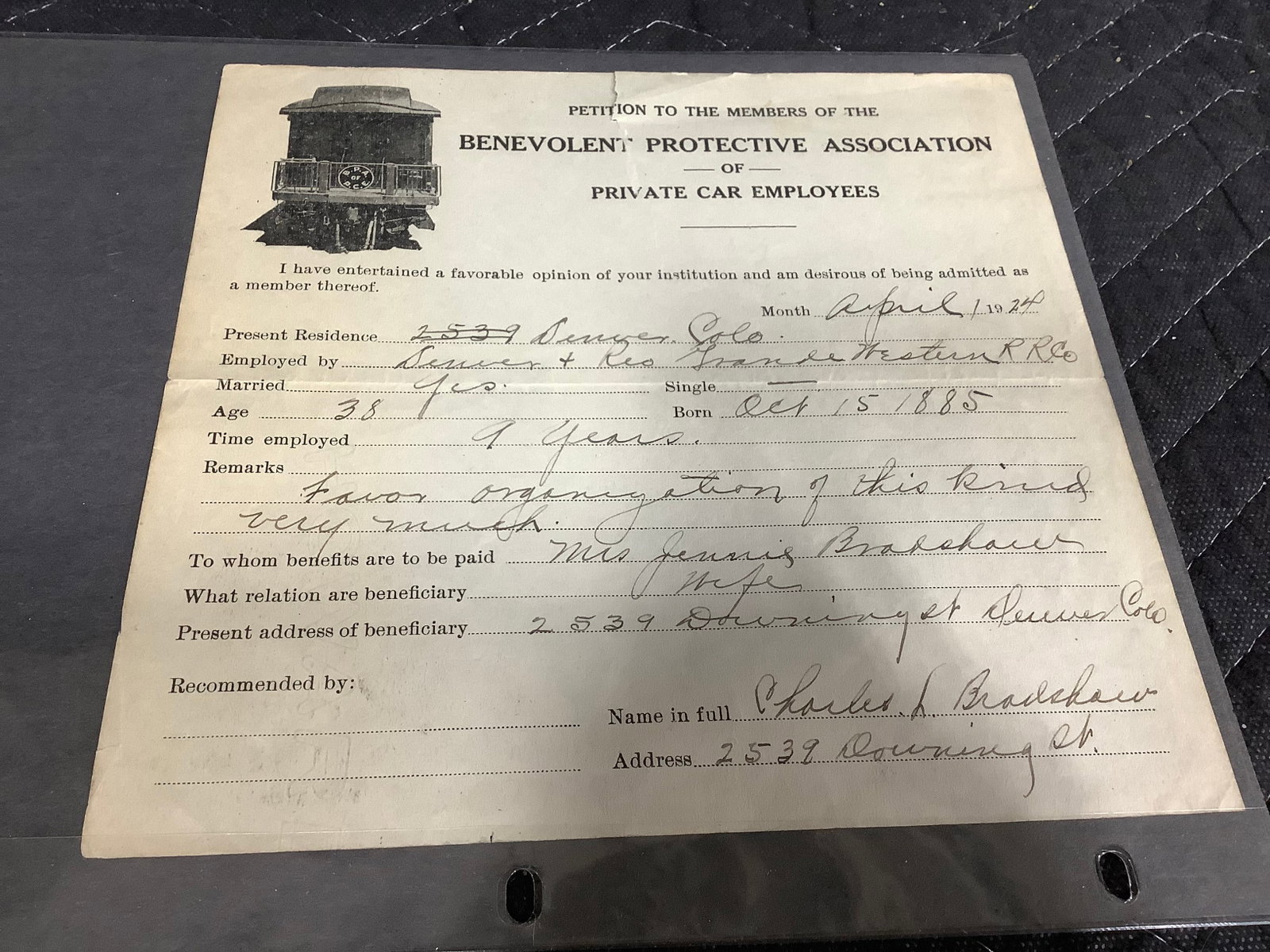 1920s Application for the Benevolent Protective Association: 1920s Application for the Benevolent Protective Association