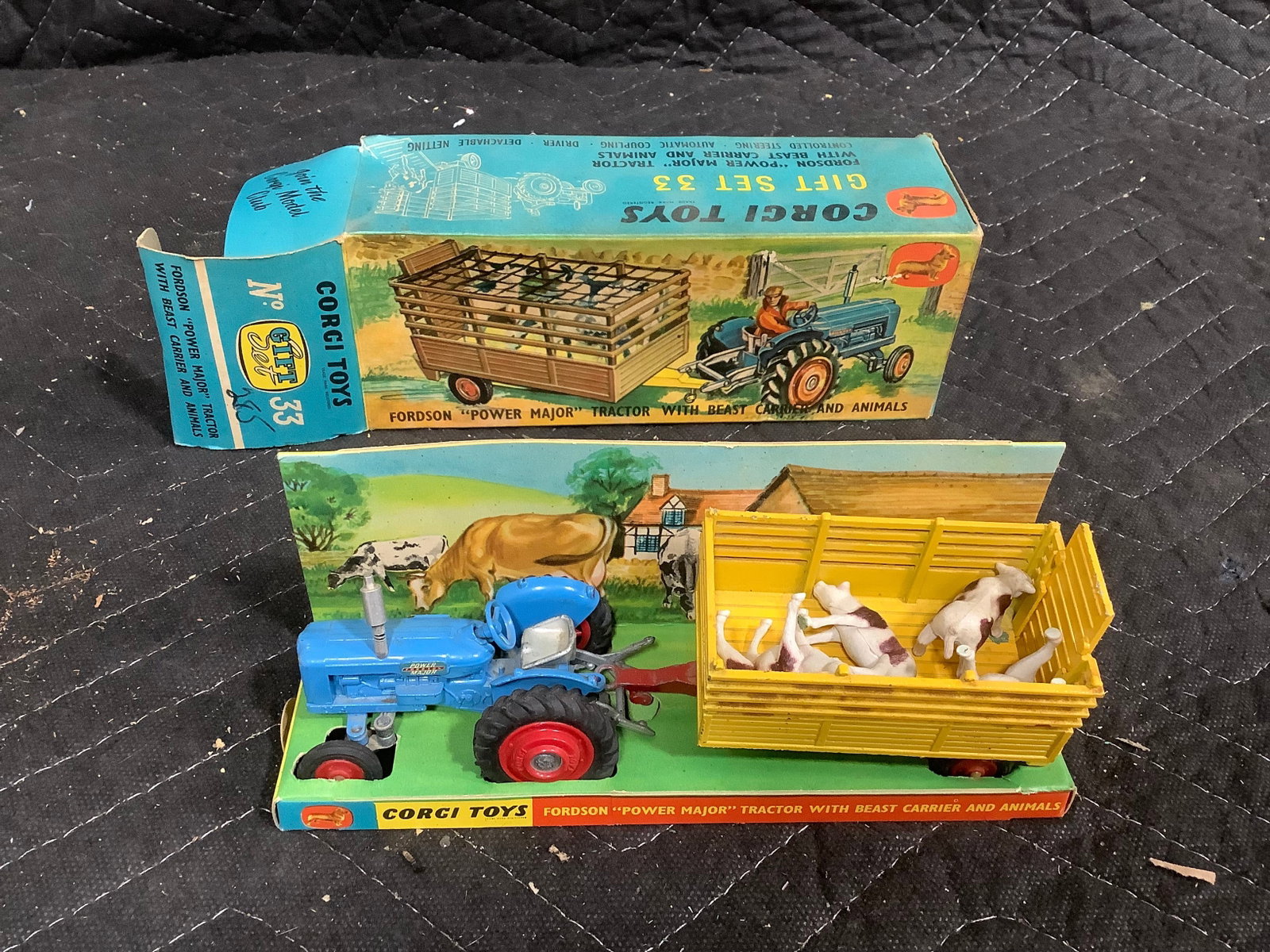 Corgi Toys vintage Fordson Power Major tractor withh beast carrier and animals diecast in original: Corgi Toys vintage Fordson Power Major tractor withh beast carrier and animals diecast in original box