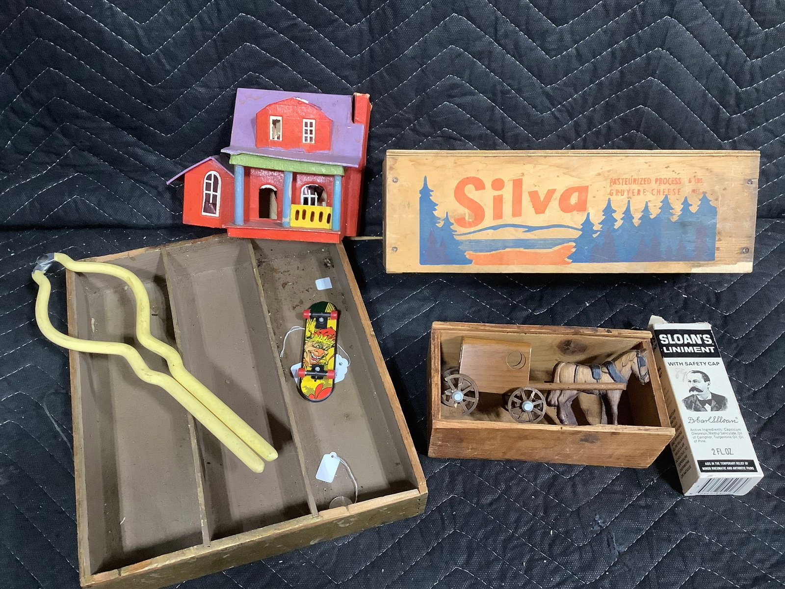 Wooden miniature dollhouse, vintage wooden horse and buggy toy: Wooden miniature dollhouse, vintage wooden horse and buggy toy