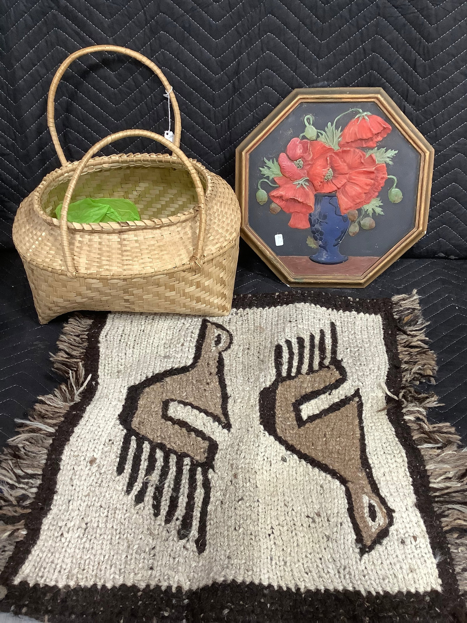 Wicker basket, floral wall decor(chipped), and handwoven wool tapestry(20inx22in) (1 of 1)
