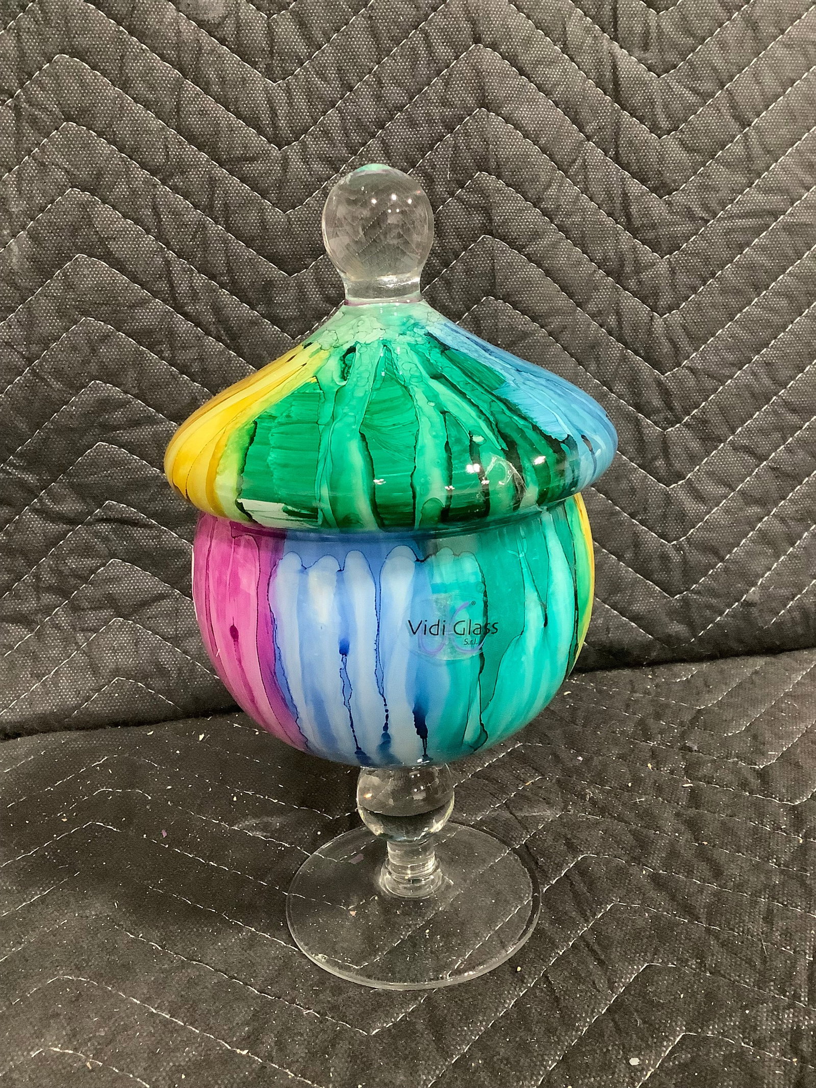 Vidi glass handmade italian pedestal jar(9in tall): Vidi glass handmade italian pedestal jar(9in tall)