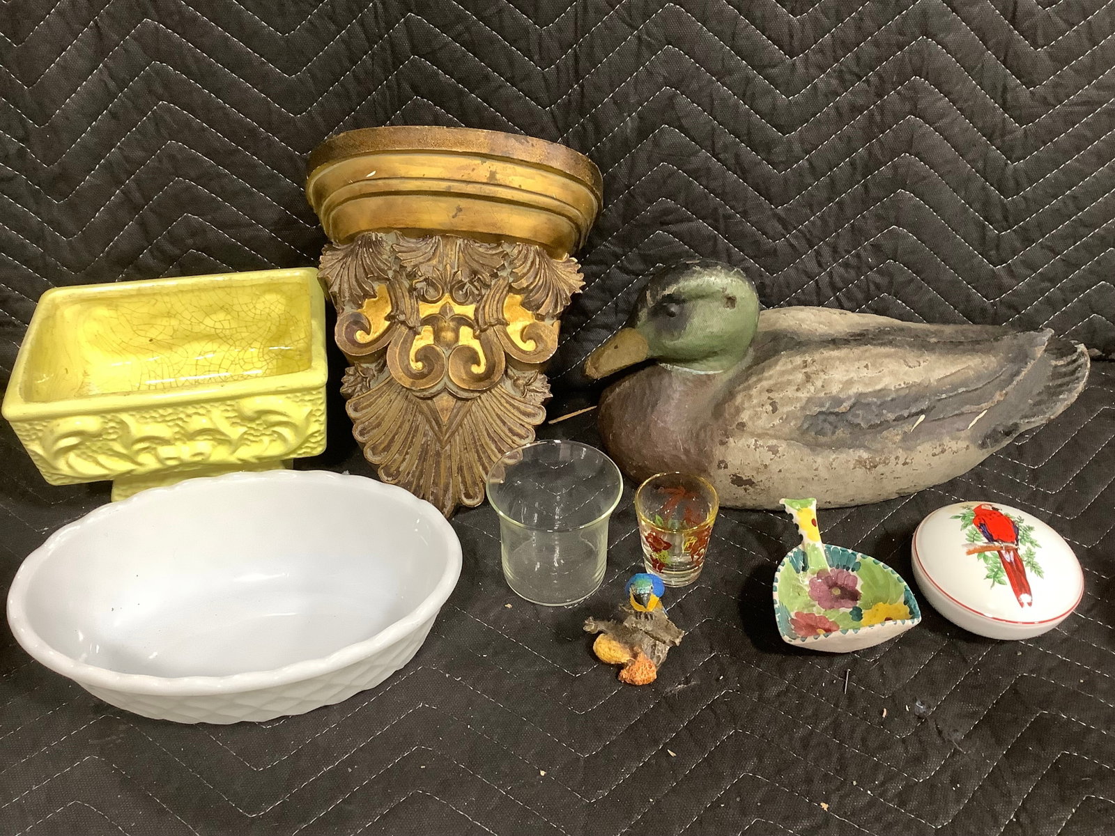 Ceramic trinket box, ornate wall decor, vintage duck decoy, and more: Ceramic trinket box, ornate wall decor, vintage duck decoy, and more