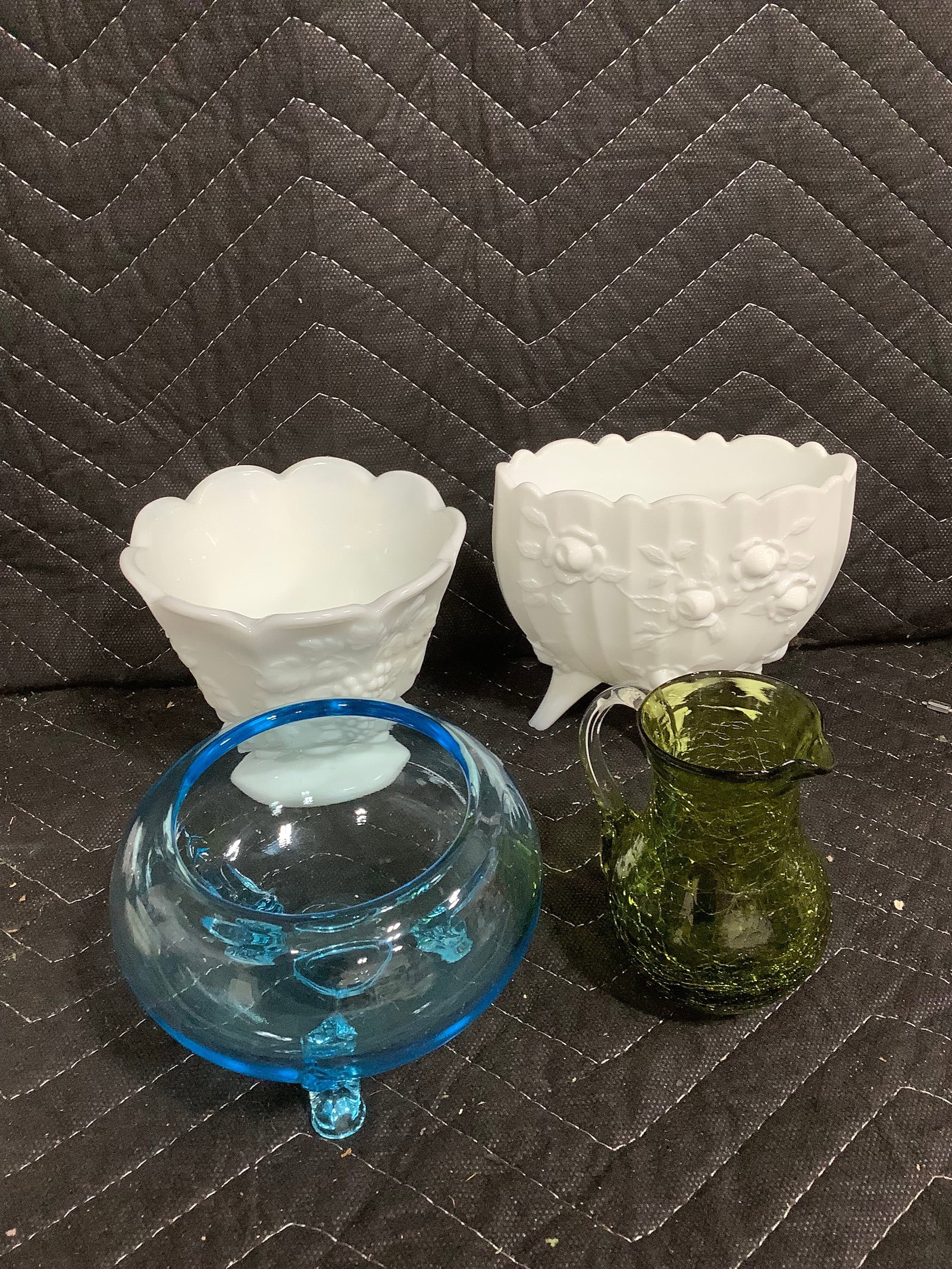 Green glass pitcher, white milk glass items, and more(tallest 4.5in) (1 of 1)