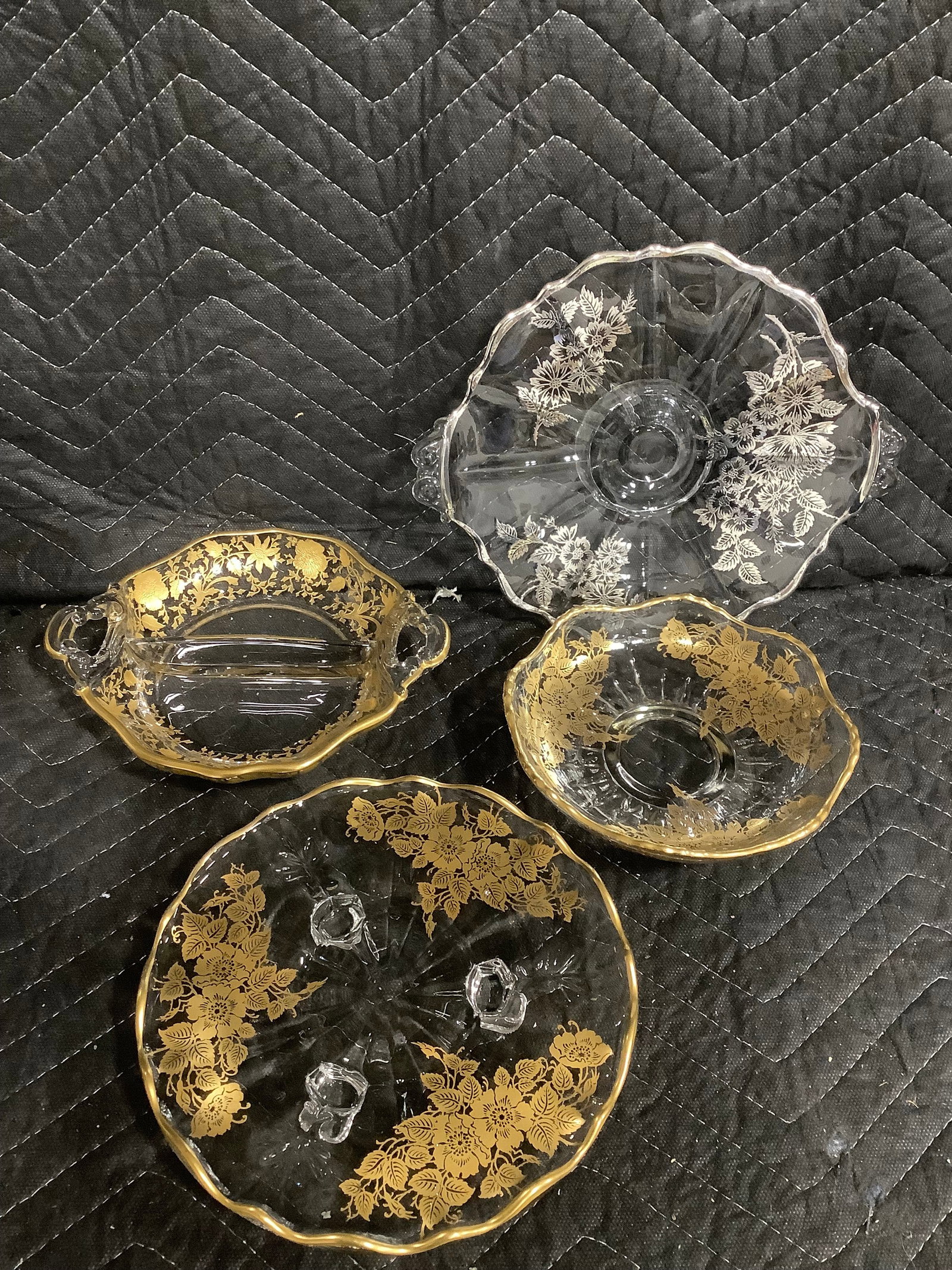 Gold trim edge dishes and silver trim dish: Gold trim edge dishes and silver trim dish