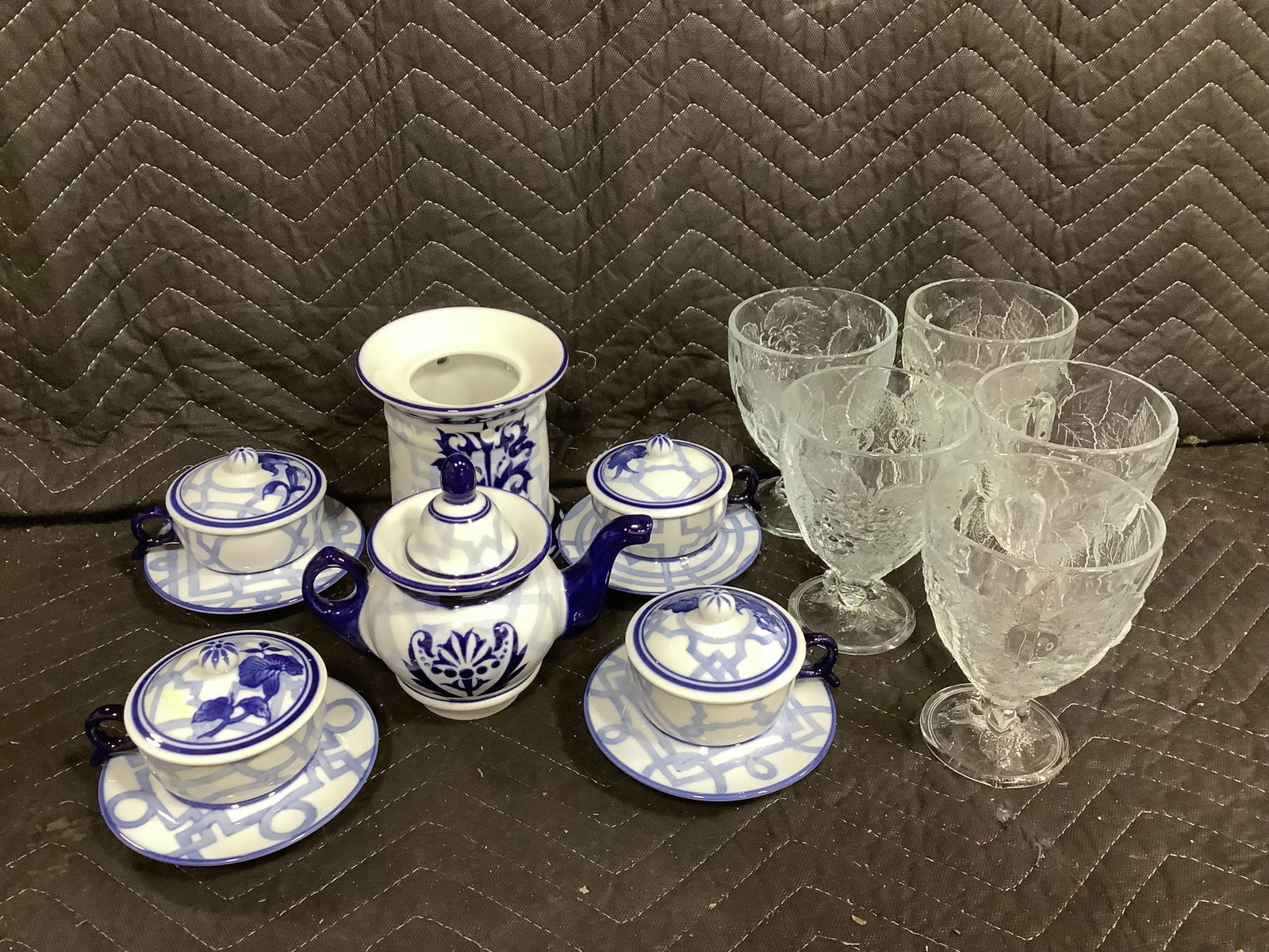 Blue and white transfer set and frosted drinking glasses(5.5in tall) (1 of 1)