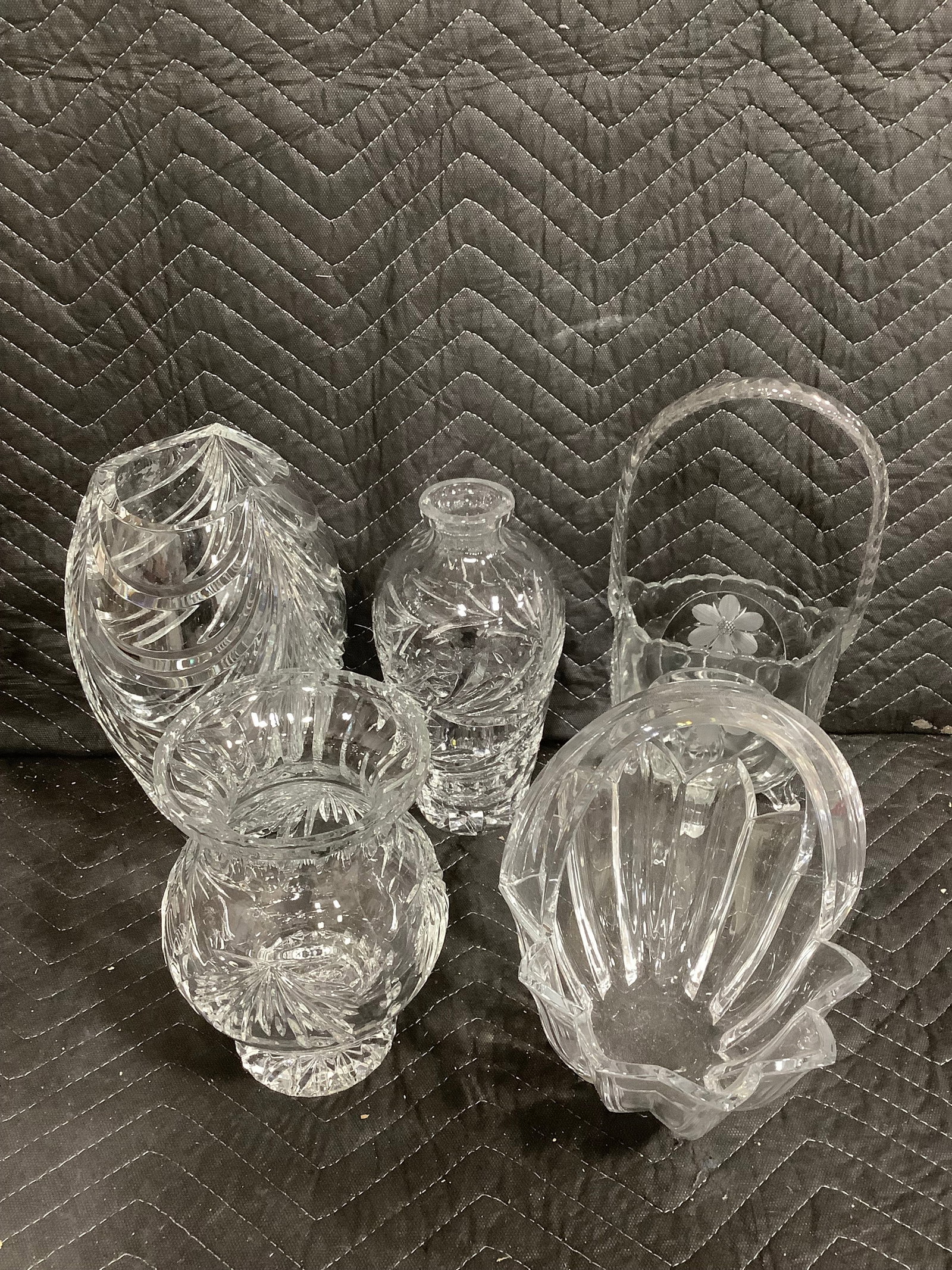 Crystal glass vases and baskets(one chipped-tallest 20.5in): Crystal glass vases and baskets(one chipped-tallest 20.5in)