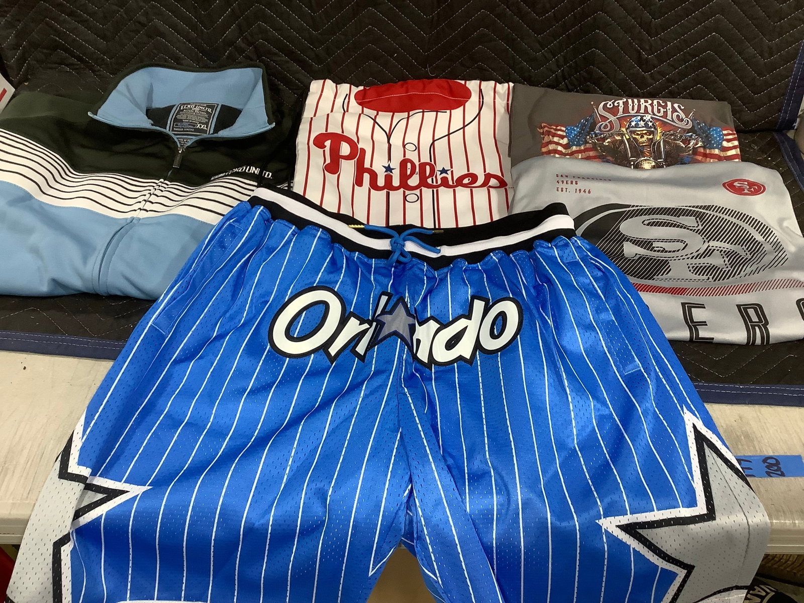 Phillies drawstring bag, Sturgis motorcycle shirt, and sports clothing(various sizes): Phillies drawstring bag, Sturgis motorcycle shirt, and sports clothing(various sizes)