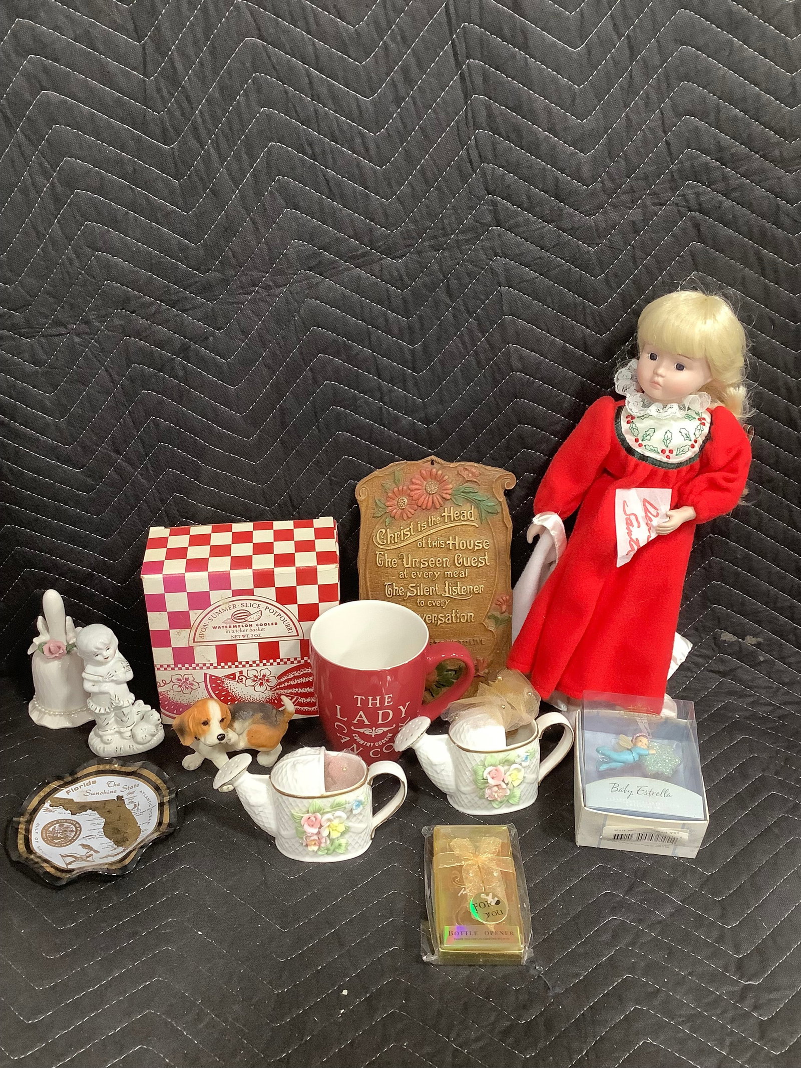 Vintage Christmas ceramic doll, wall decor plaque, decorative statues, and more (1 of 1)