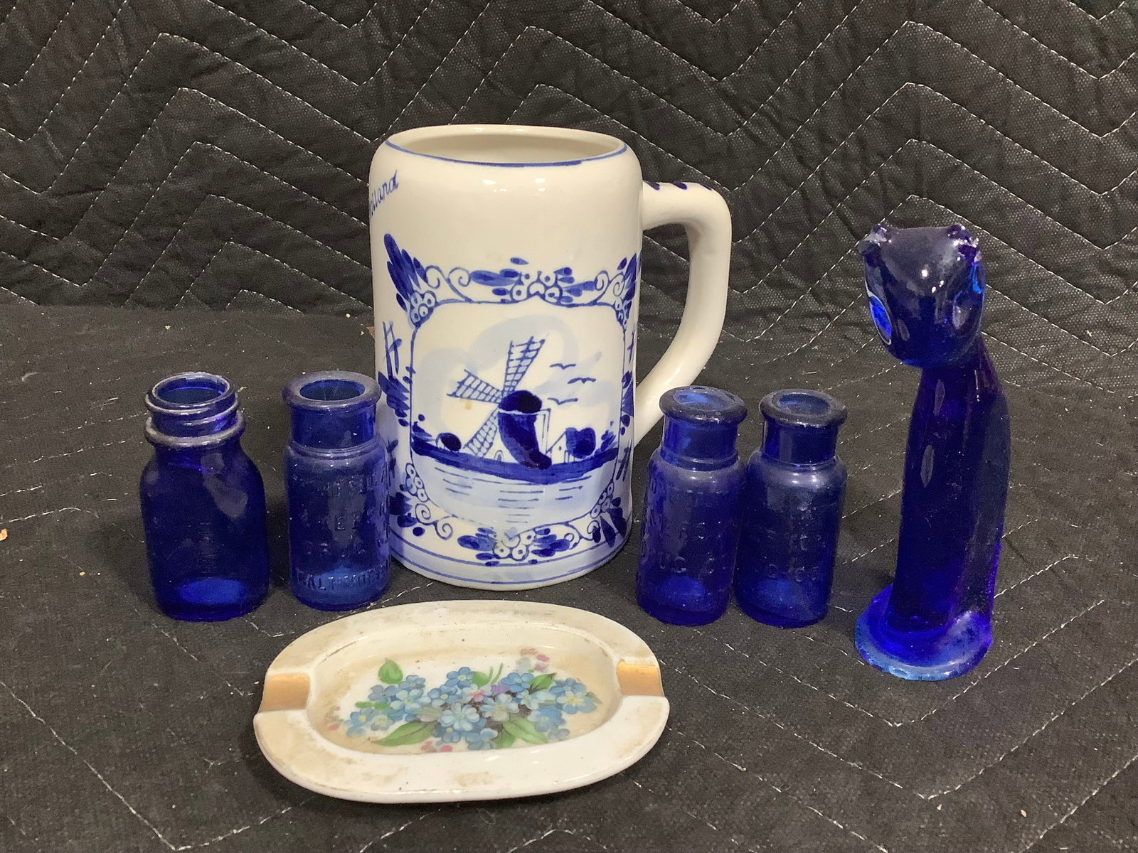 Various Blue Glass Bottles, Blue/White Transfer Beer Mug, and more (Tallest - 5in) *figures ears (1 of 1)