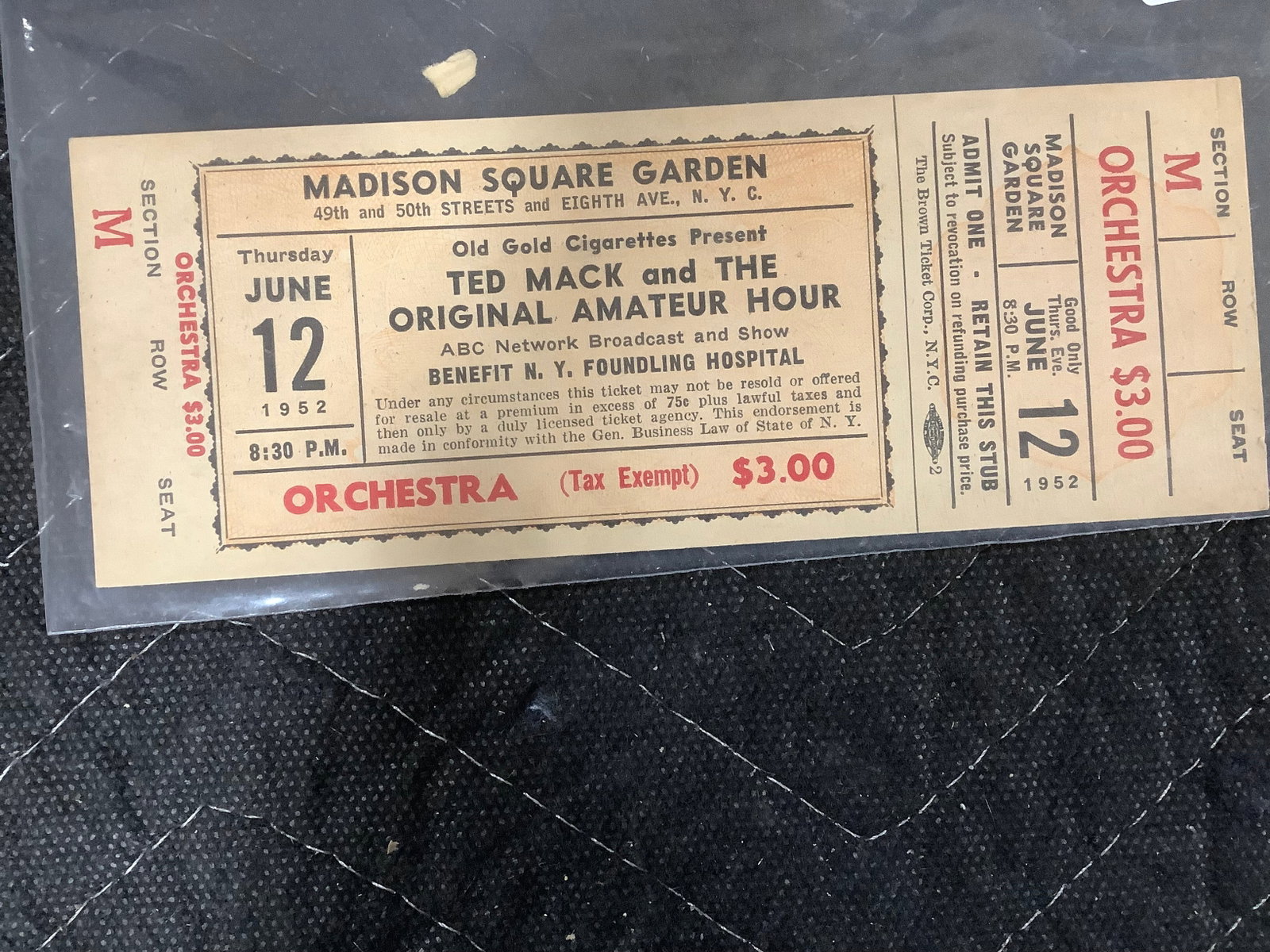 Vintage 1952 Ticket Madison Square Garden Ted Mack and the Original Amateur Hour (1 of 1)
