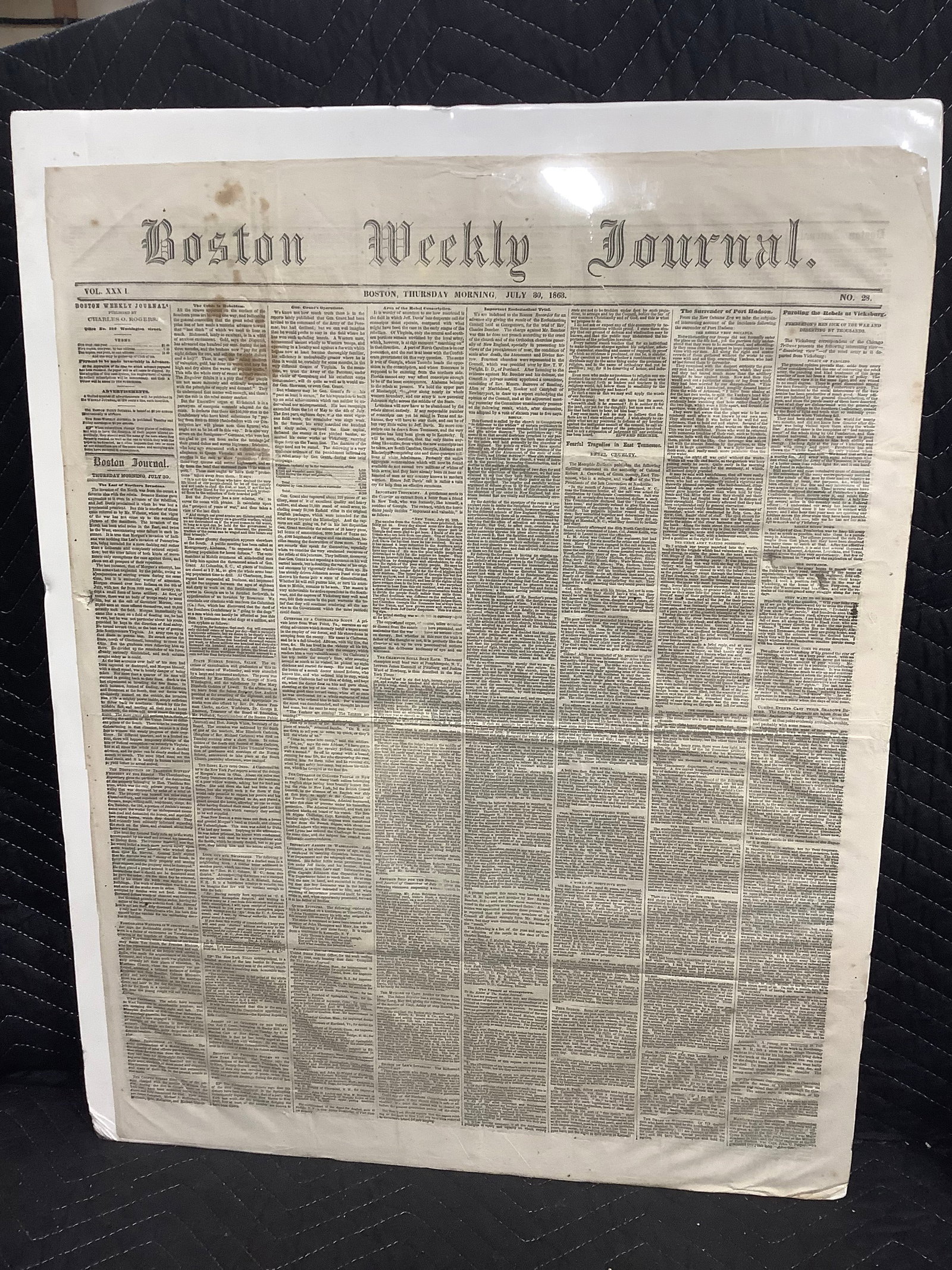 1863 Boston Weekly Journal Newspaper (21inx27.5in): 1863 Boston Weekly Journal Newspaper (21inx27.5in)
