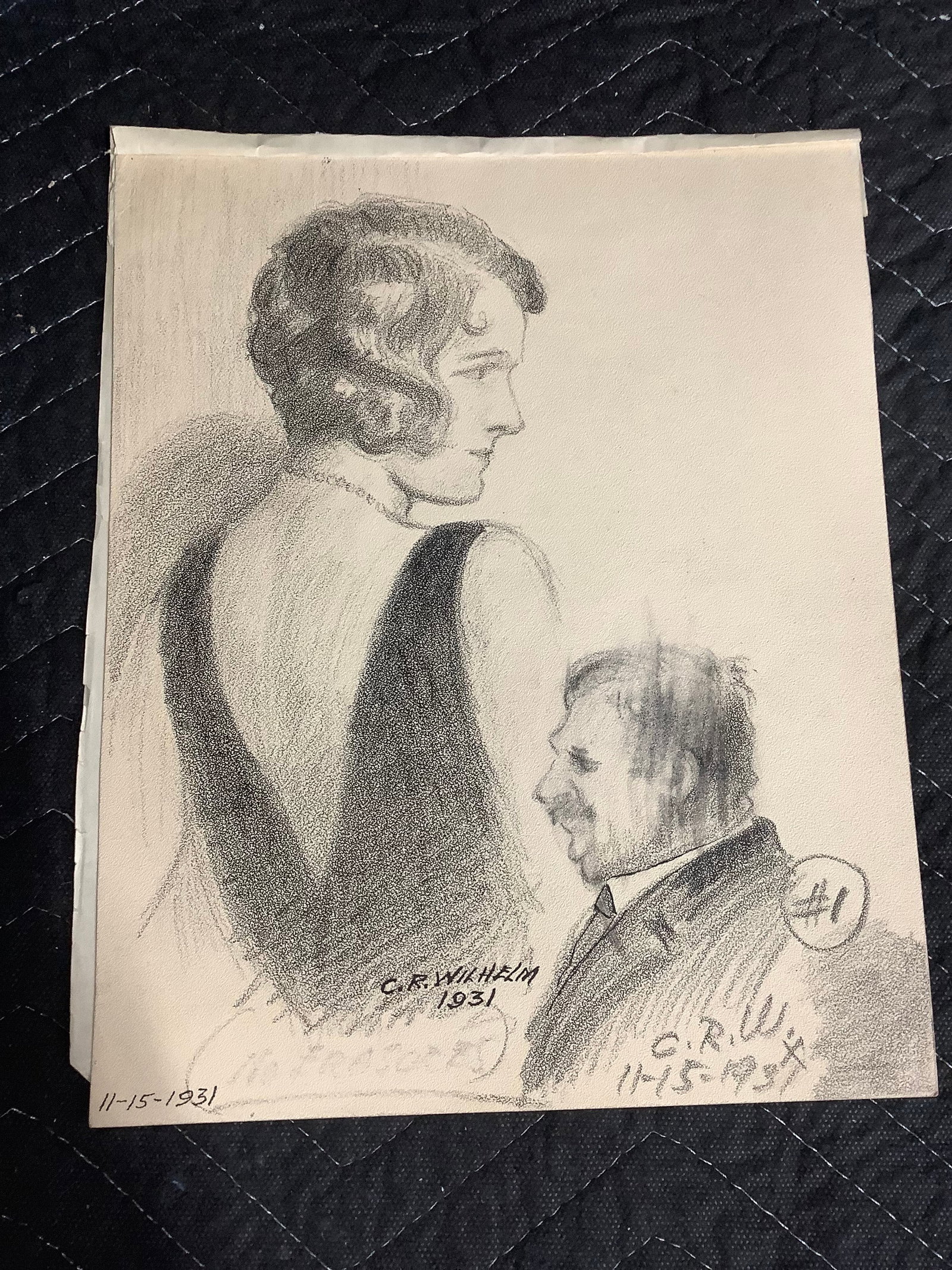 Vintage Woman and Man Pencil Drawing signed Wilhelm (9inx11in): Vintage Woman and Man Pencil Drawing signed Wilhelm (9inx11in)