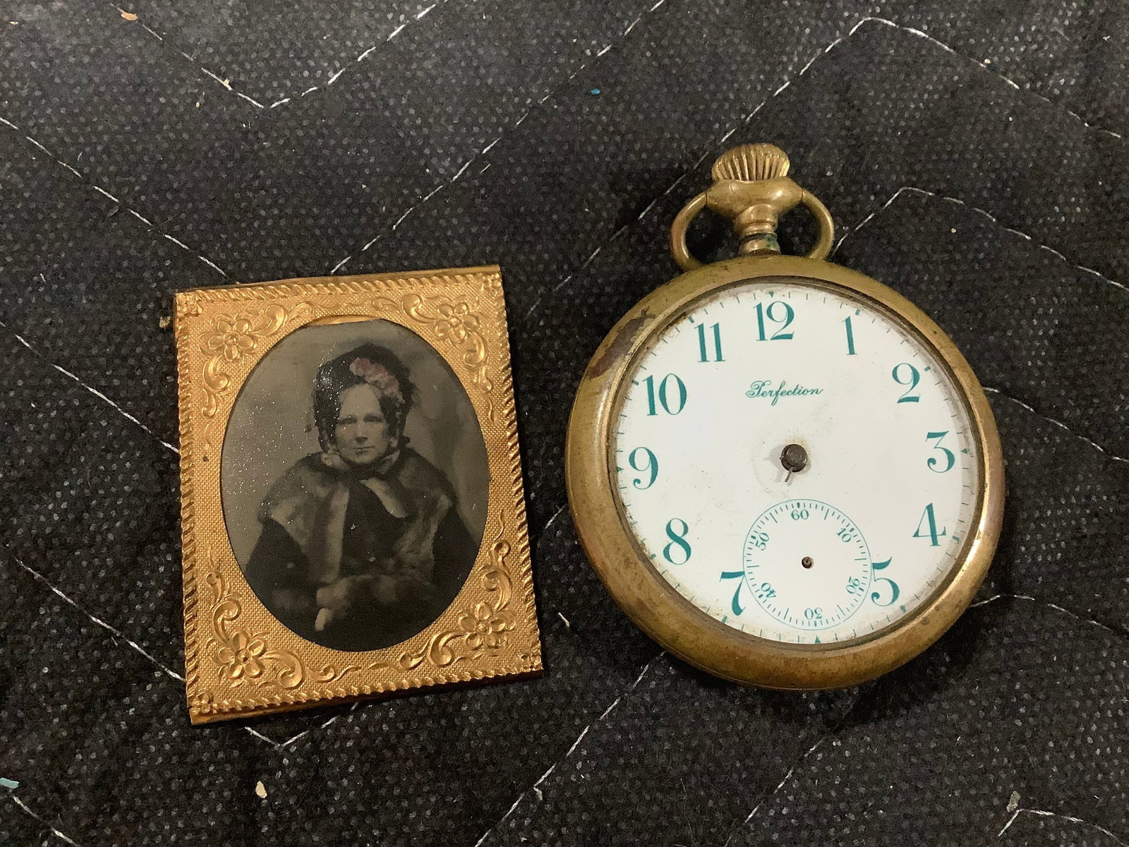 Vintage open face pocket watch and framed miniature portrait (1 of 1)