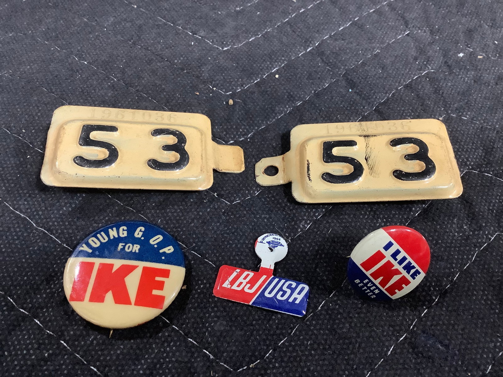 Vintage political pins and NJ license plate tabs: Vintage political pins and NJ license plate tabs