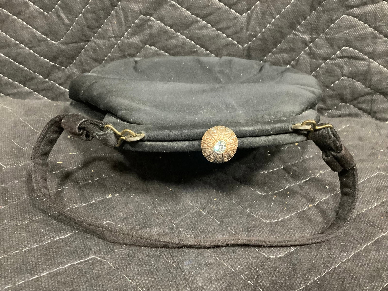 Black Satin Handbag with Art Deco Clasp: Black Satin Handbag with Art Deco Clasp