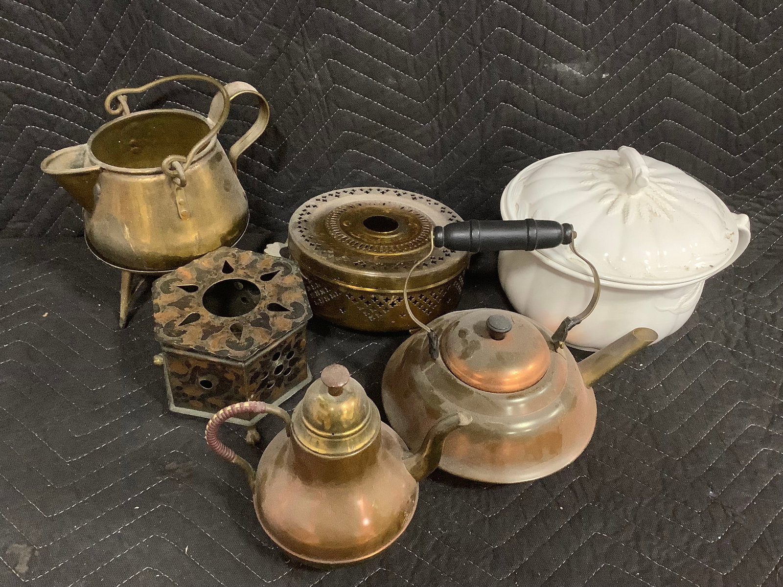 Real English Ironstone W M Adams & Sons chamber pot with lid(7.5intall), brass plate warmer, and: Real English Ironstone W M Adams & Sons chamber pot with lid(7.5intall), brass plate warmer, and other brass items