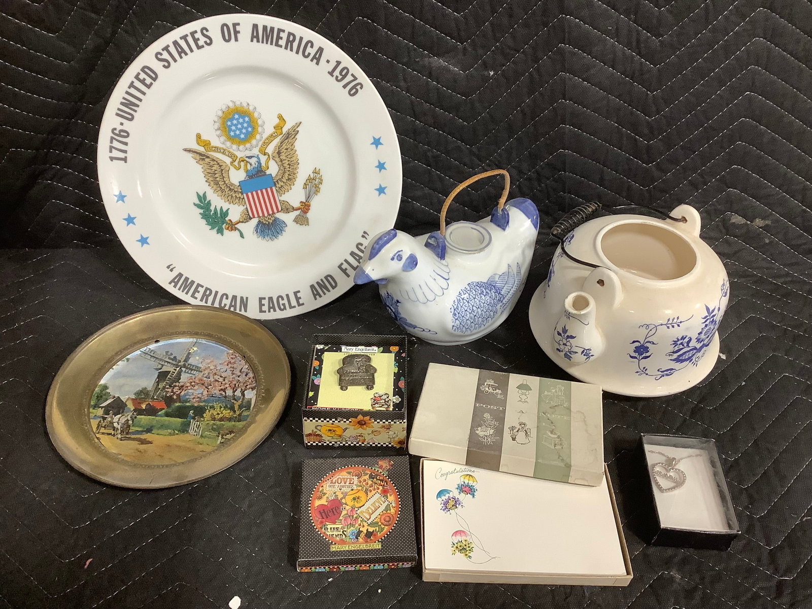 U.S. commemorative plate(10.5in across), bllue and white porcealin teapot, and more