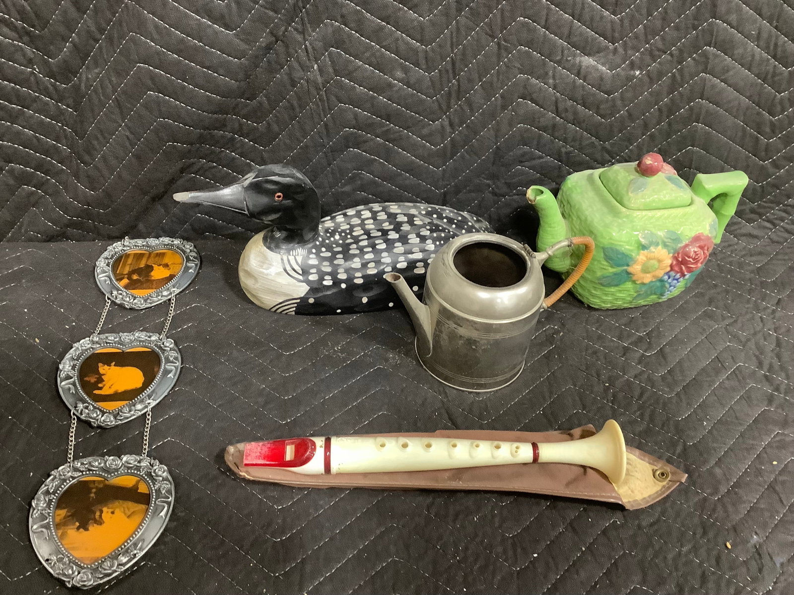 Ceramic floral teapot(chipped-6.5in tall), vintage recorder, and more