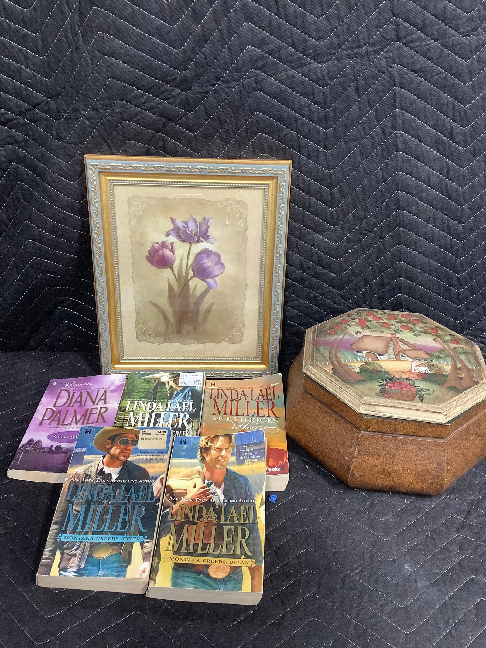 Framed floral artwork(10inx12in), books, and more