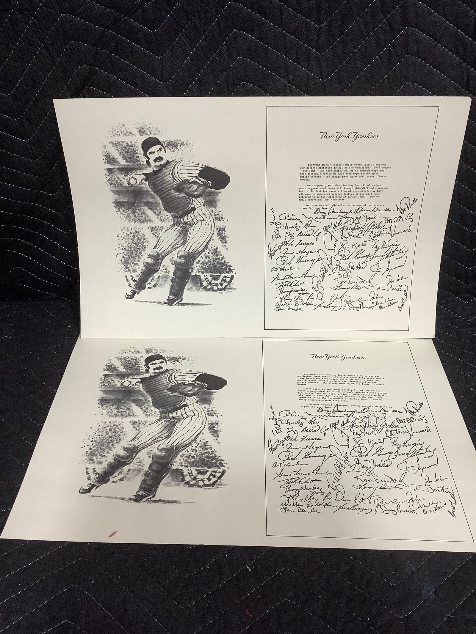 Vintage Thurman Munson NY Yankees Passing Letters-facsimile team signed(11inx17in): Vintage Thurman Munson NY Yankees Passing Letters-facsimile team signed(11inx17in)