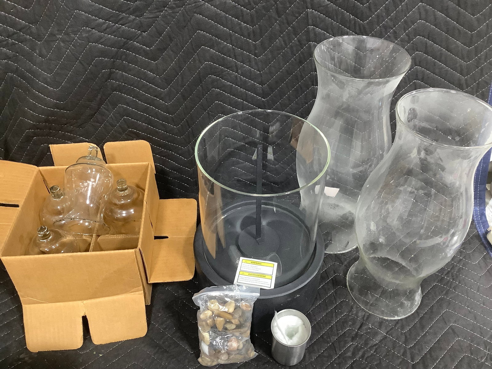 Candleholder with rocks display and hourglass hurricane candle shades(14in tall) (1 of 1)