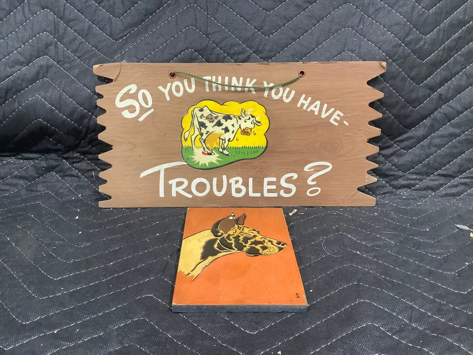 Carboard faux wood sign(6inx12in) and vintage handpainted wooden wall plaque with great Dane: Carboard faux wood sign(6inx12in) and vintage handpainted wooden wall plaque with great Dane portrait