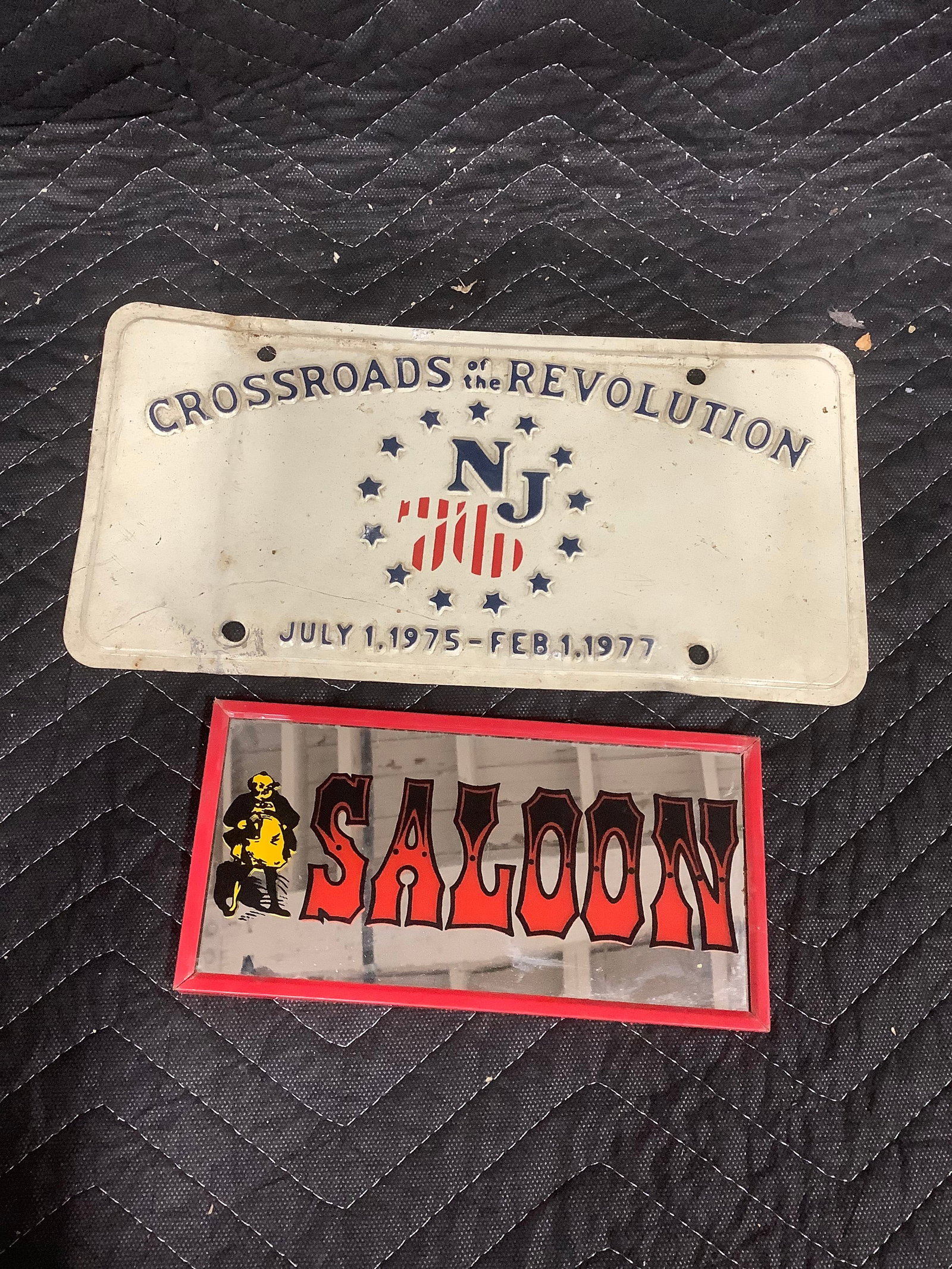 Vintage NJ Bicentennial crossroads of the revolution license plate(6inx12in) and 1970s saloon mirror (1 of 1)