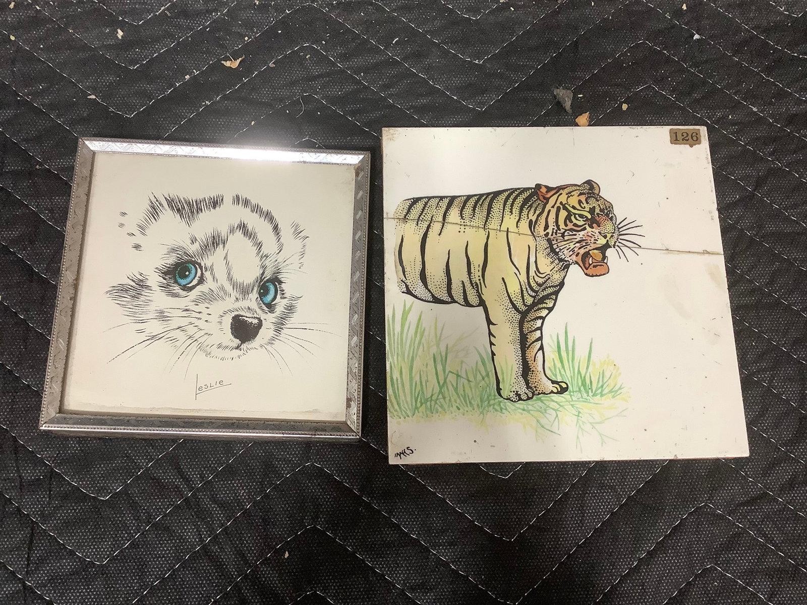 1980s lithograph by Stapco NY(5inx5in) and ceramic tile with stylized tiger(tile has been repaired) (1 of 1)