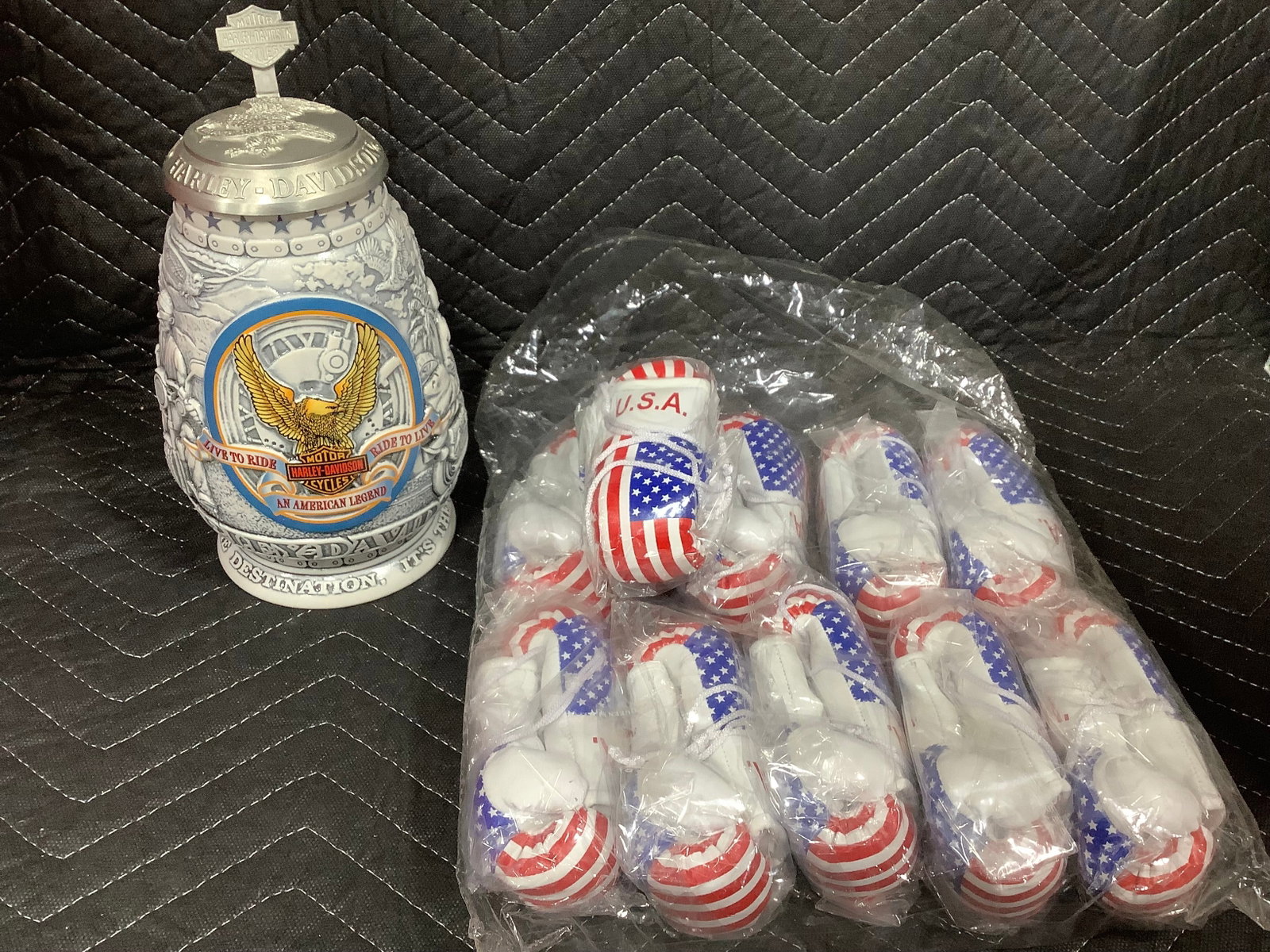Harley Davidson Stein, and Mini USA Boxing Gloves (1 of 1)