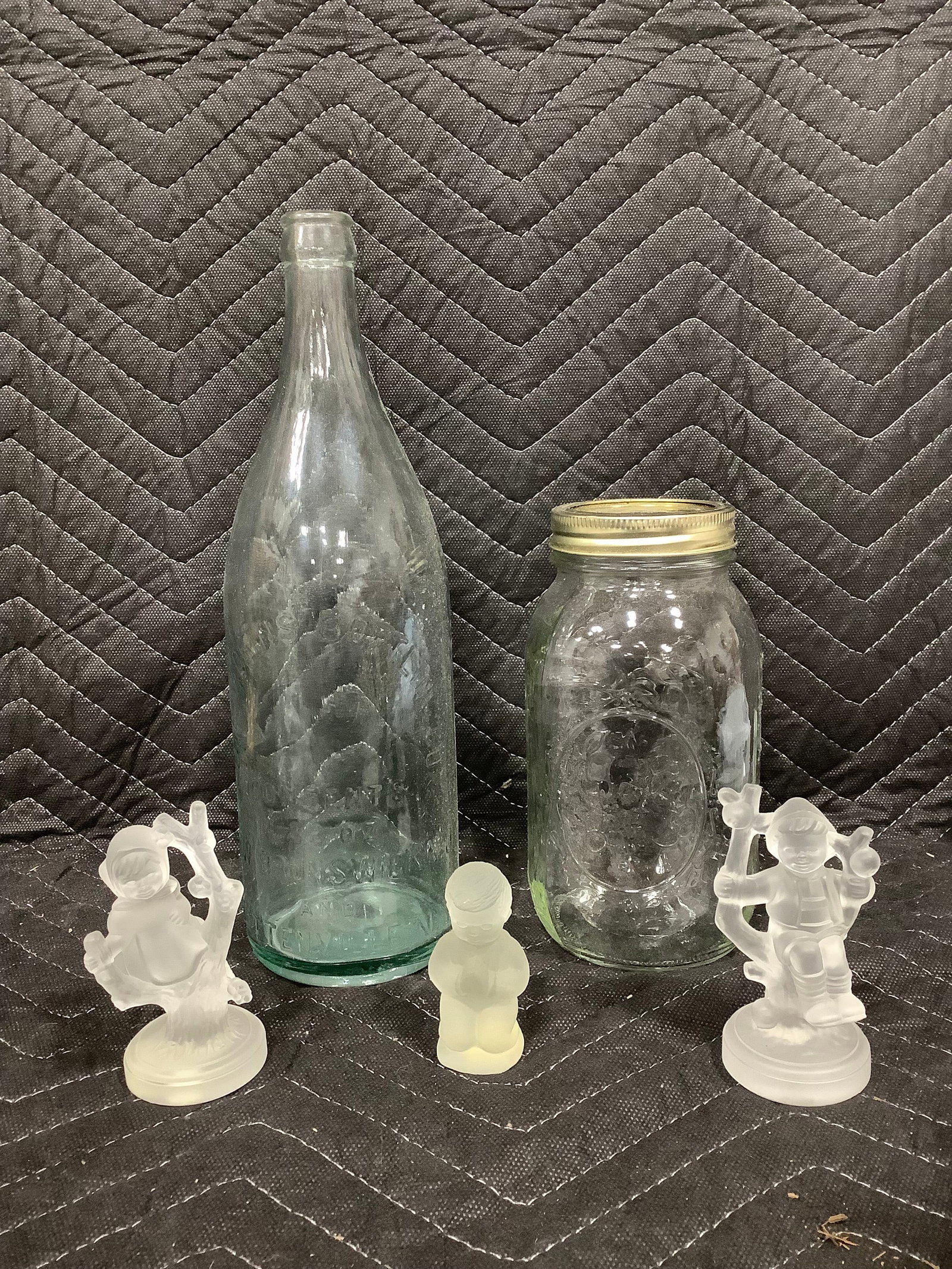 Frosted glass statues, vintage glass bottle(11in tall), and glass jat (1 of 1)