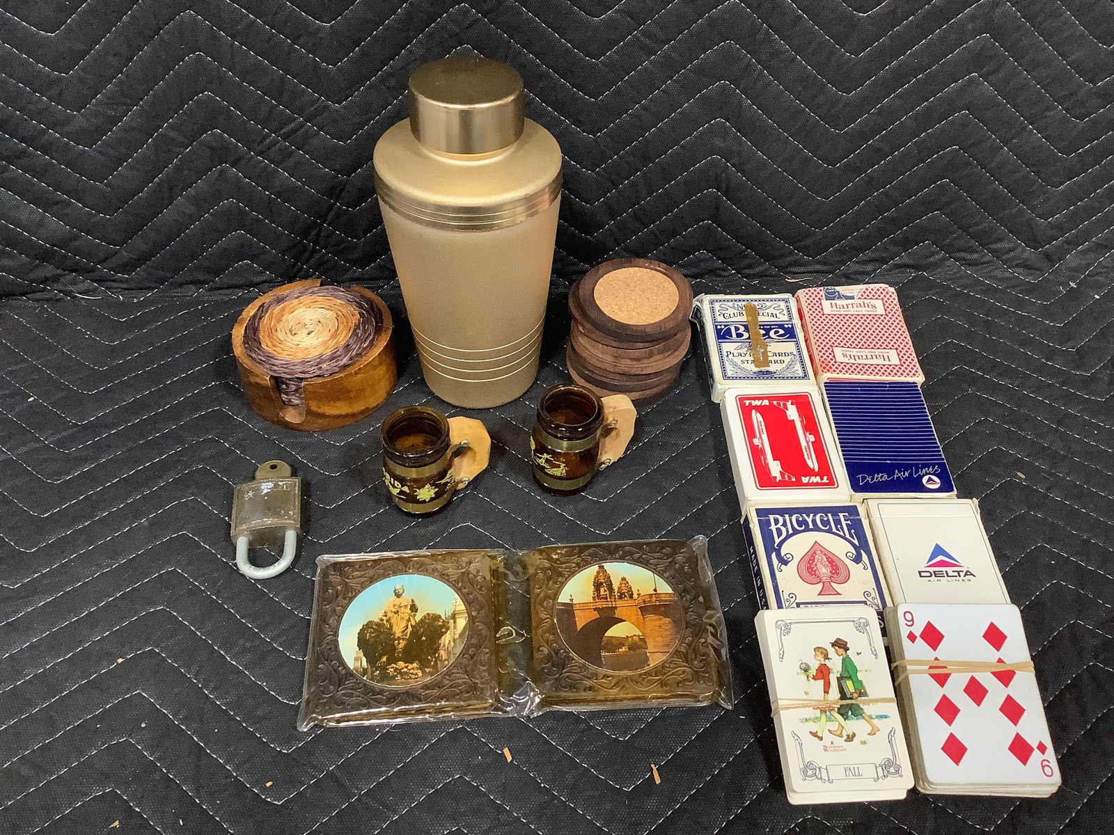 Vintage gold tone cocktail shaker(8.5in tall), vintage playing cards, amber glass barrel mini mugs, (1 of 1)