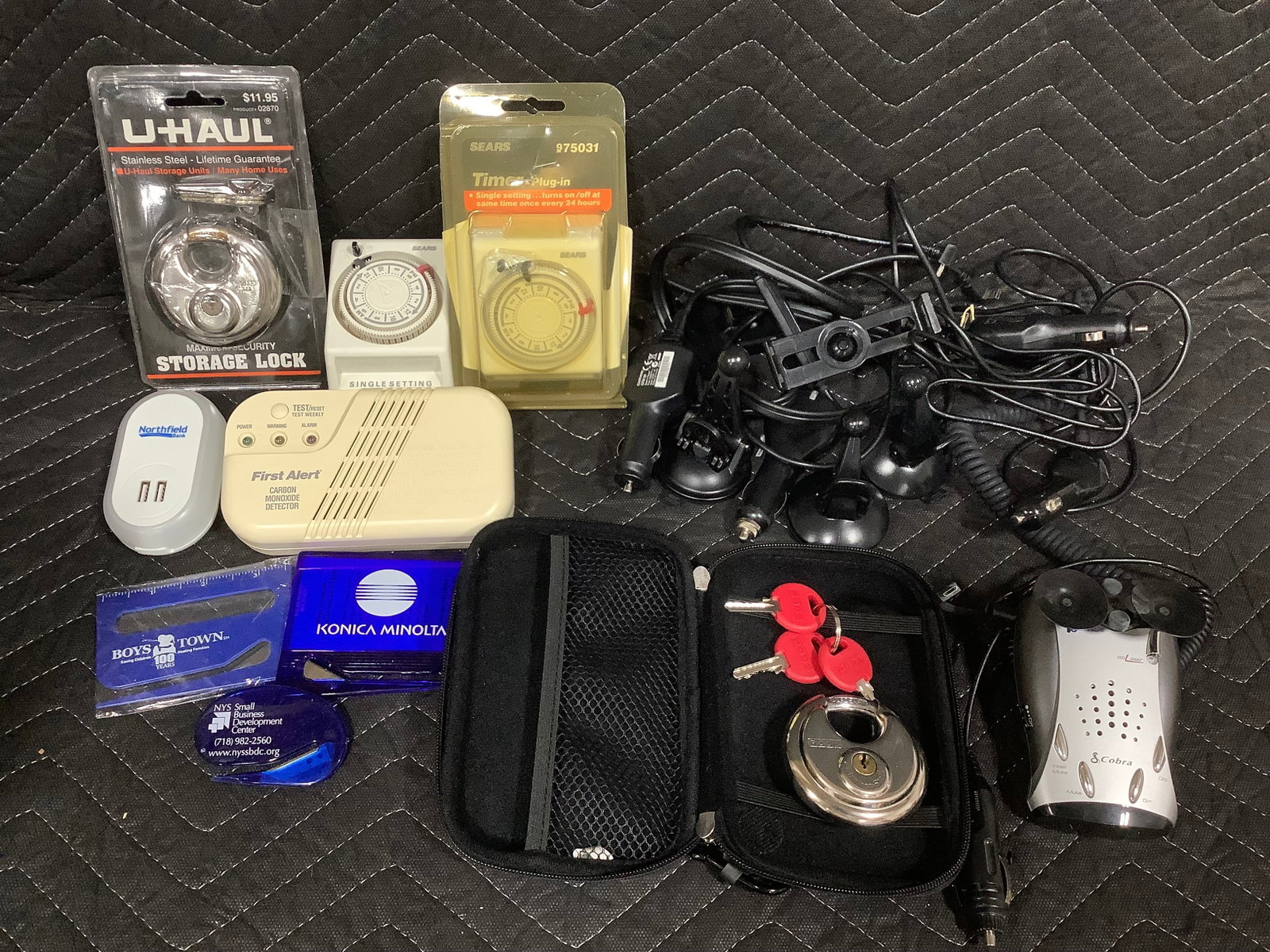 Various adapters/wires, Uhaul storage lock, First Alert carbon monoxide detector, and more: Various adapters/wires, Uhaul storage lock, First Alert carbon monoxide detector, and more