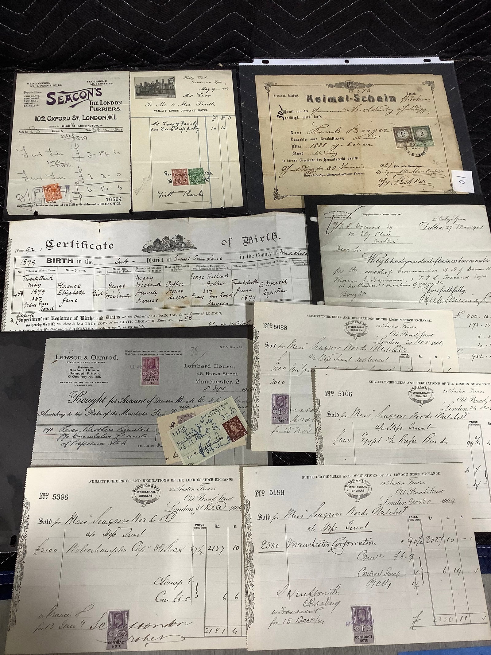 Mixed Lot of Foreign Ephemera; Stock Transactions, Bank Checks, Birth (1 of 1)