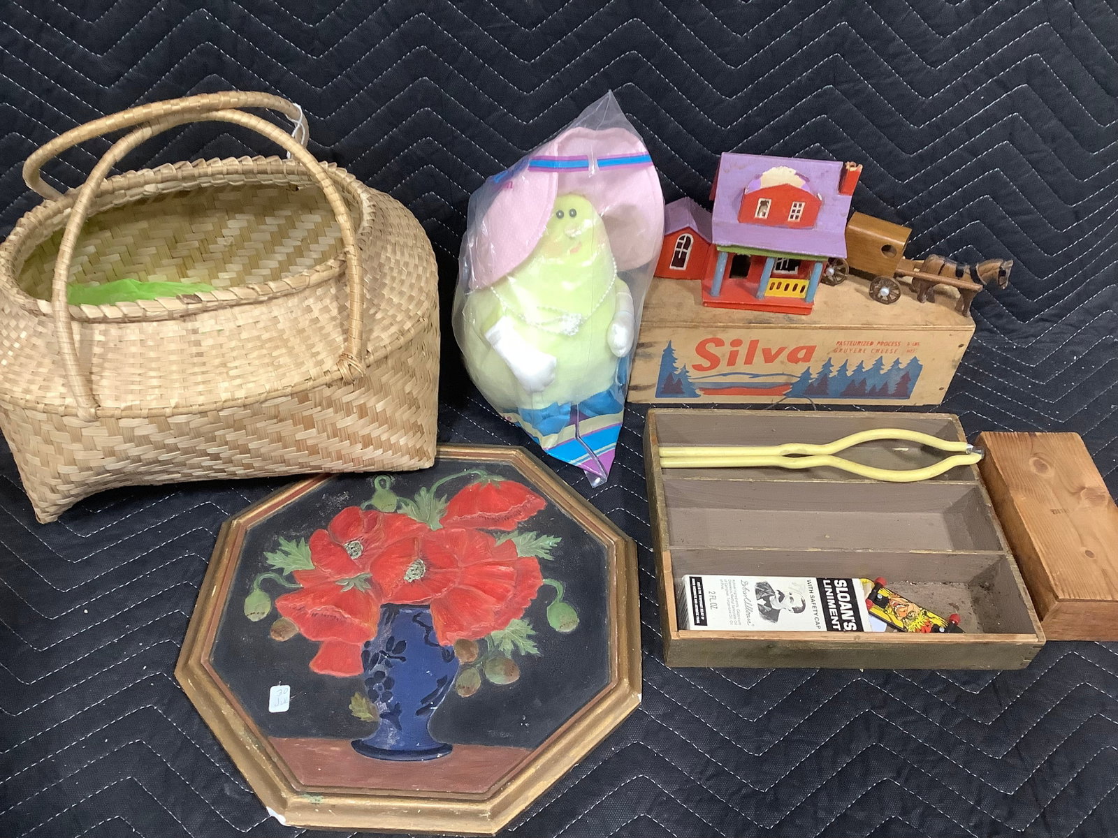 Framed Floral Artwork (13inx13in), Wicket Basket and other Vintage Items (1 of 1)