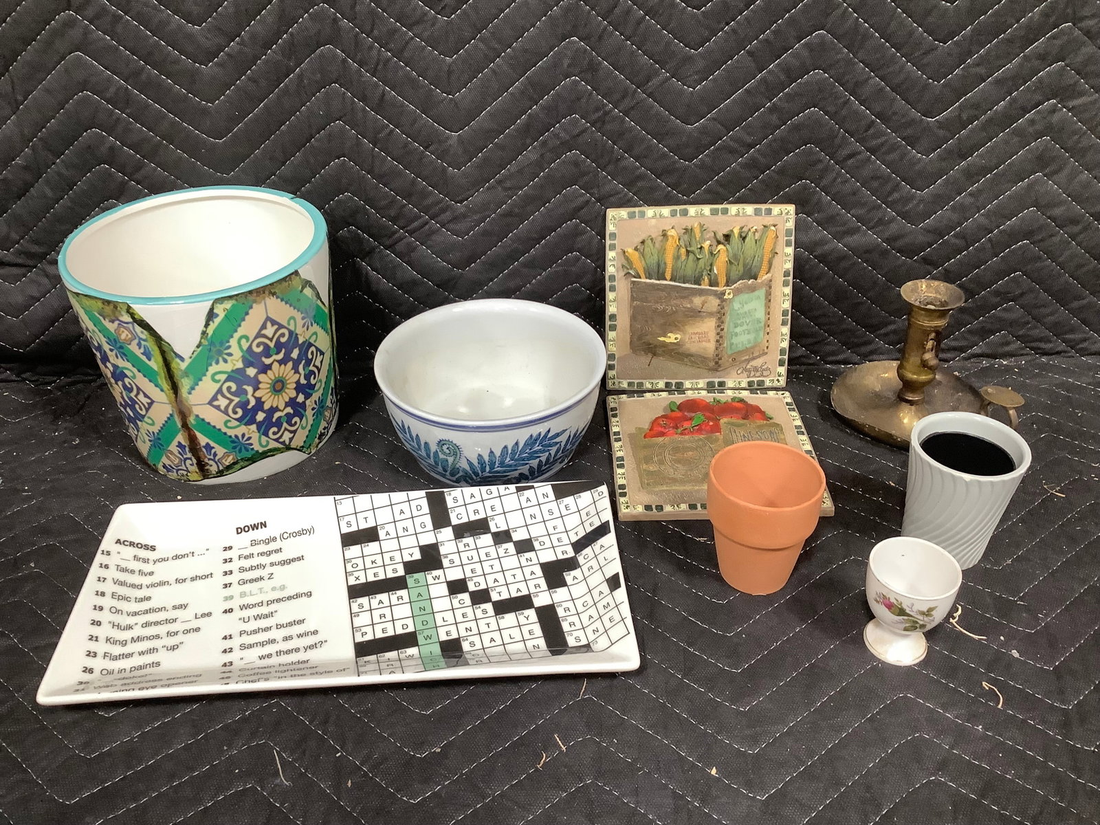 Ceramic planter(6in tall), tile decor, brass candleholder, and more (1 of 1)