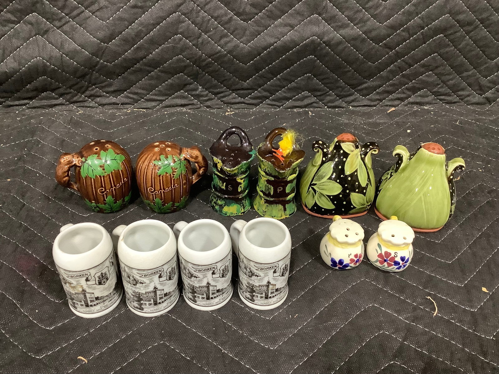 Salt/pepper shakers and miniature porcelain beer mugs(tallest 4.5in) (1 of 1)