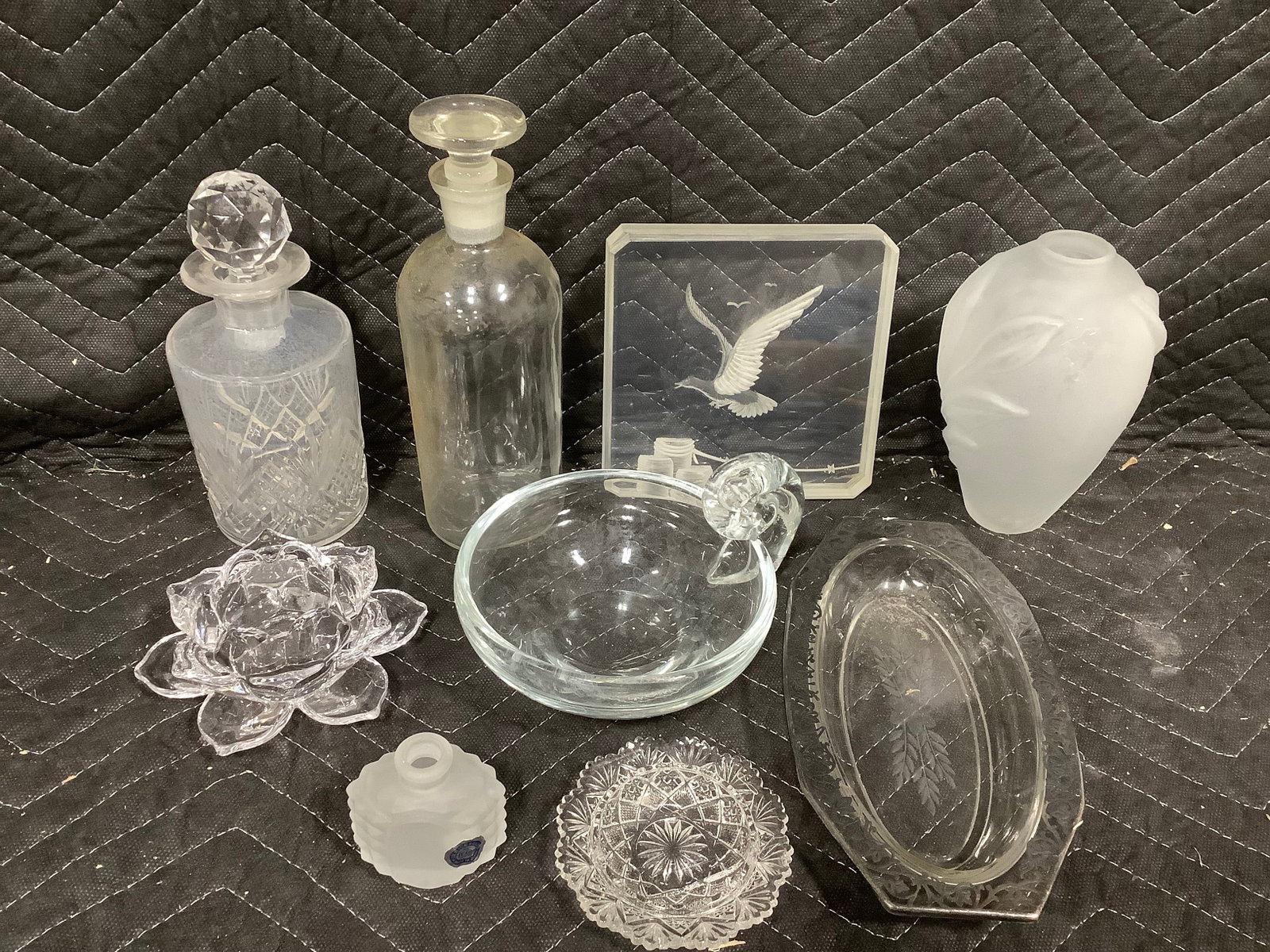Glass decanters, frosted glass vase, and more(tallest 8.5in): Glass decanters, frosted glass vase, and more(tallest 8.5in)