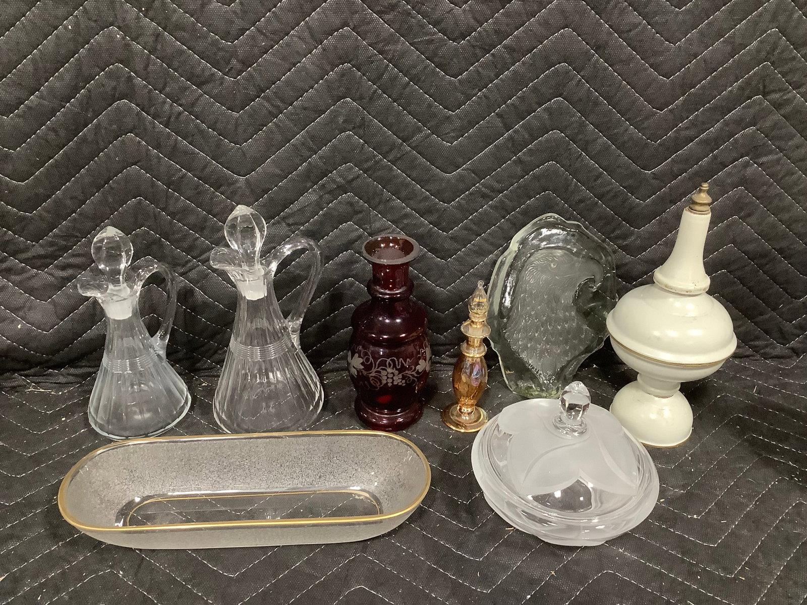 Ruby glass vase(6.5in tall), vintage glass cruets, crystal lidded candy dish, and more (1 of 1)