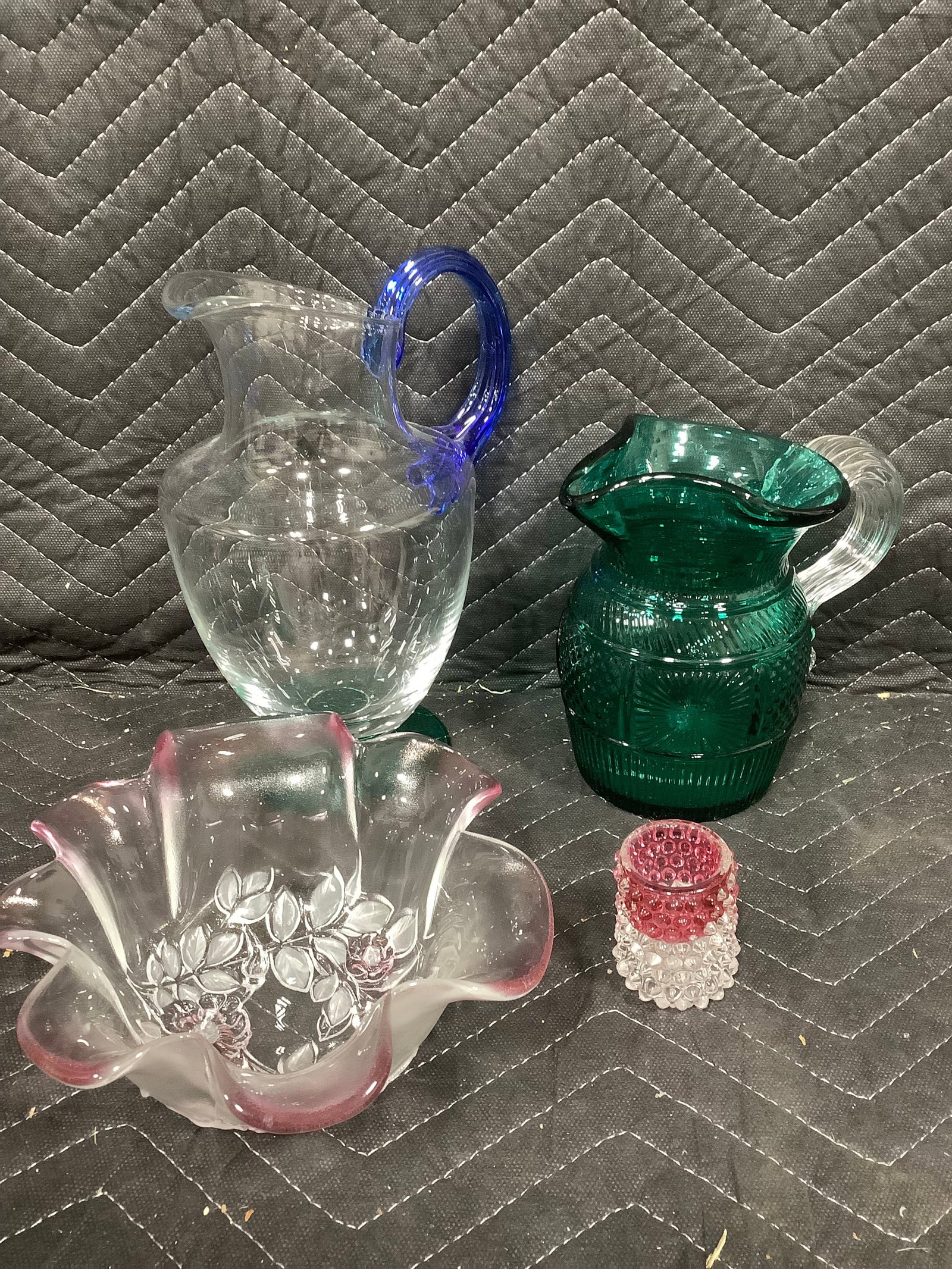 Emerald green and clear glass pitcher, Mikasa Rosella bowl, and more(9in tallest): Emerald green and clear glass pitcher, Mikasa Rosella bowl, and more(9in tallest)