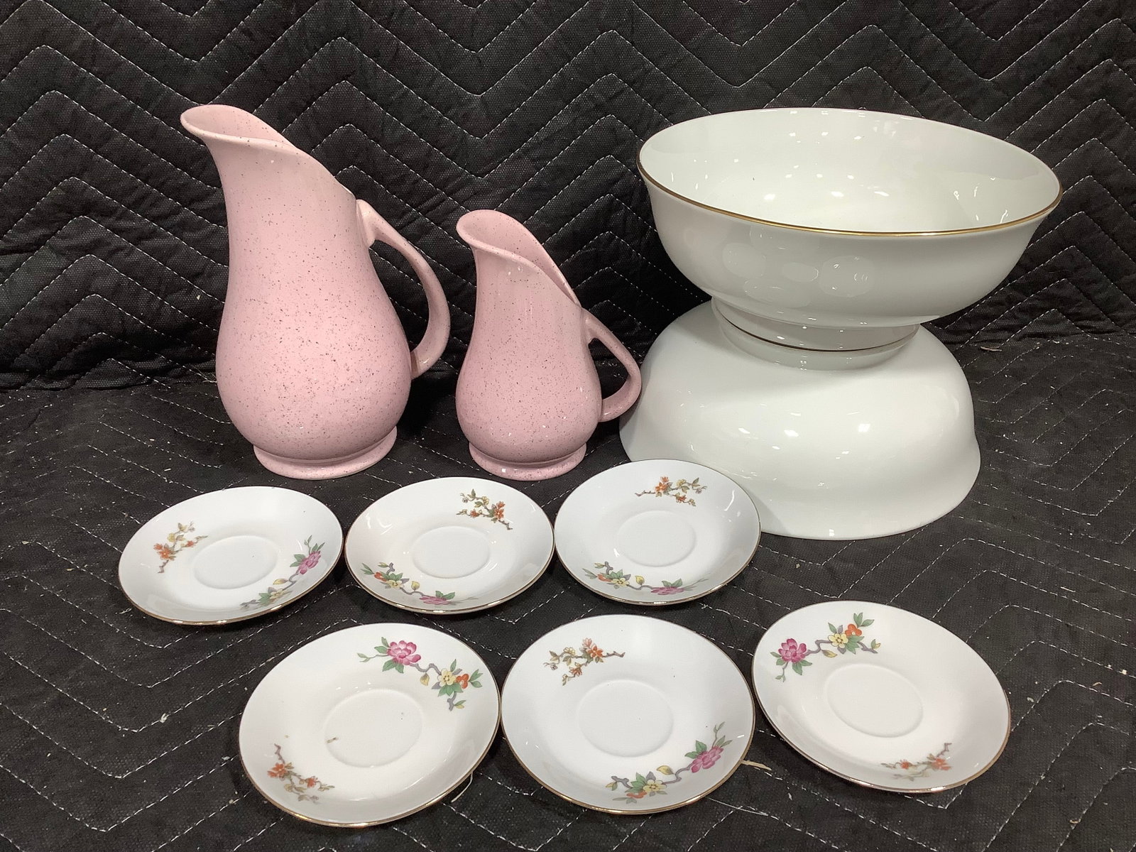 Floral theme dishes, pink pitchers, and ceramic bowls: Floral theme dishes, pink pitchers, and ceramic bowls