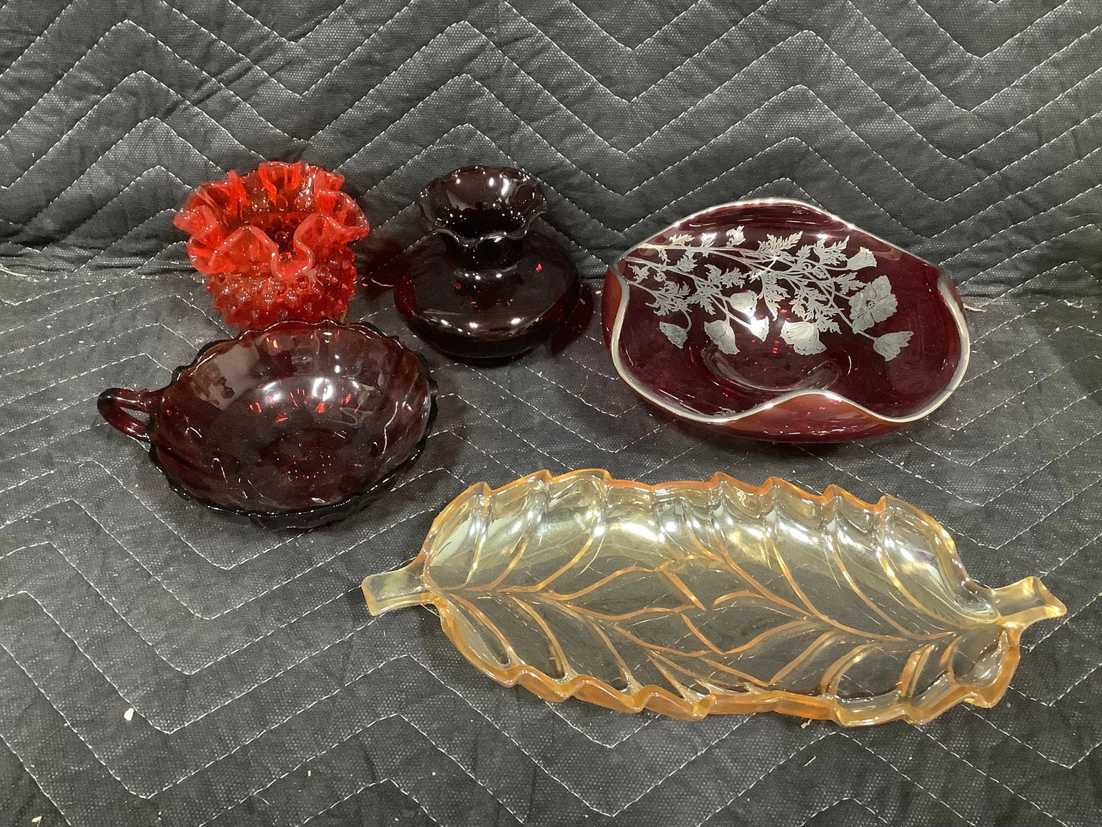 Ruby vase/Fenton hobnail art vase(3in tall), carnival glass leaf dish, and more (1 of 1)