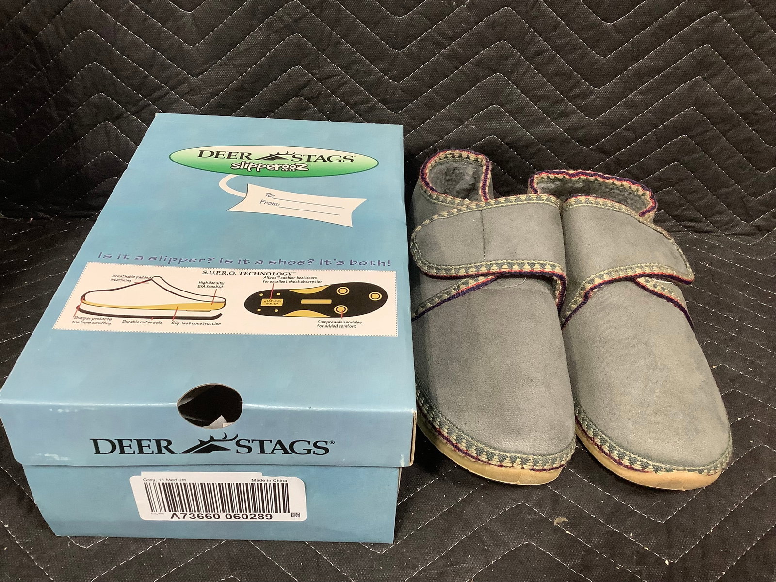 Deer stags Slipperooz indoor/outdoor hook and loop top slippers*new in box, grey 11 medium* (1 of 1)